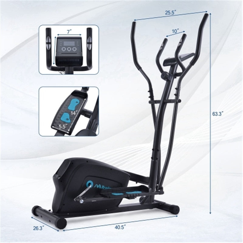 Display of the dimensions of black and blue  exercise bike