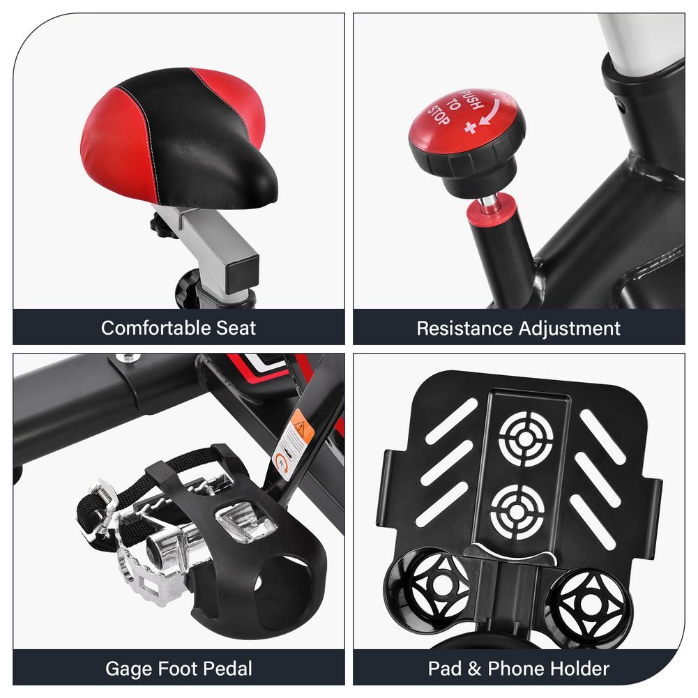 display of comfortable seat, resistance adjustment, gage foot pedal, and pad/ phone holder in four different boxes with white background