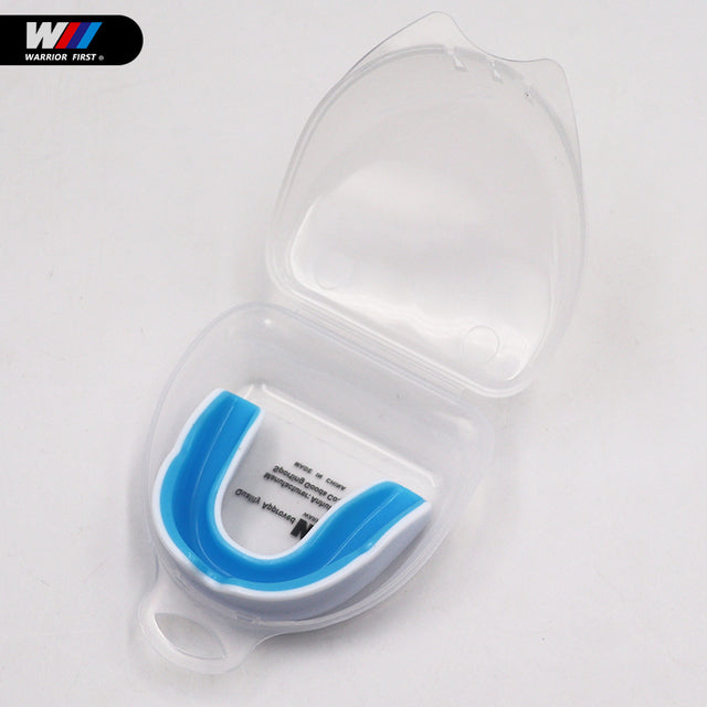 white and blue mouth guard with clear case and white background