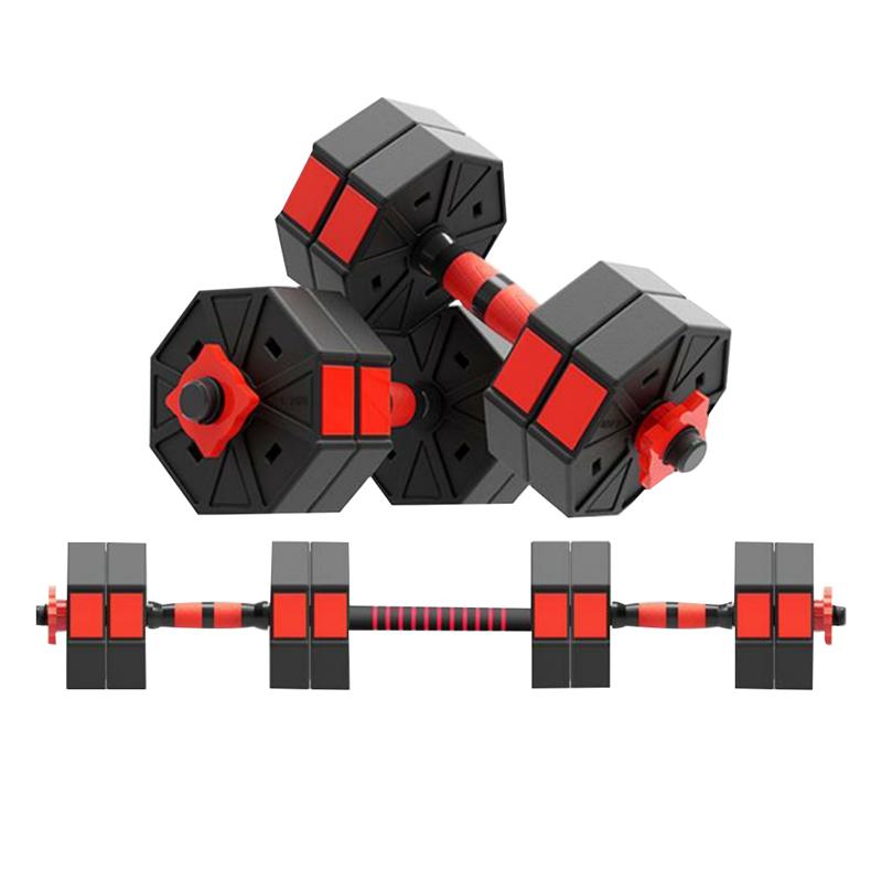 two black and red dumbbells and black and red barbell with white background