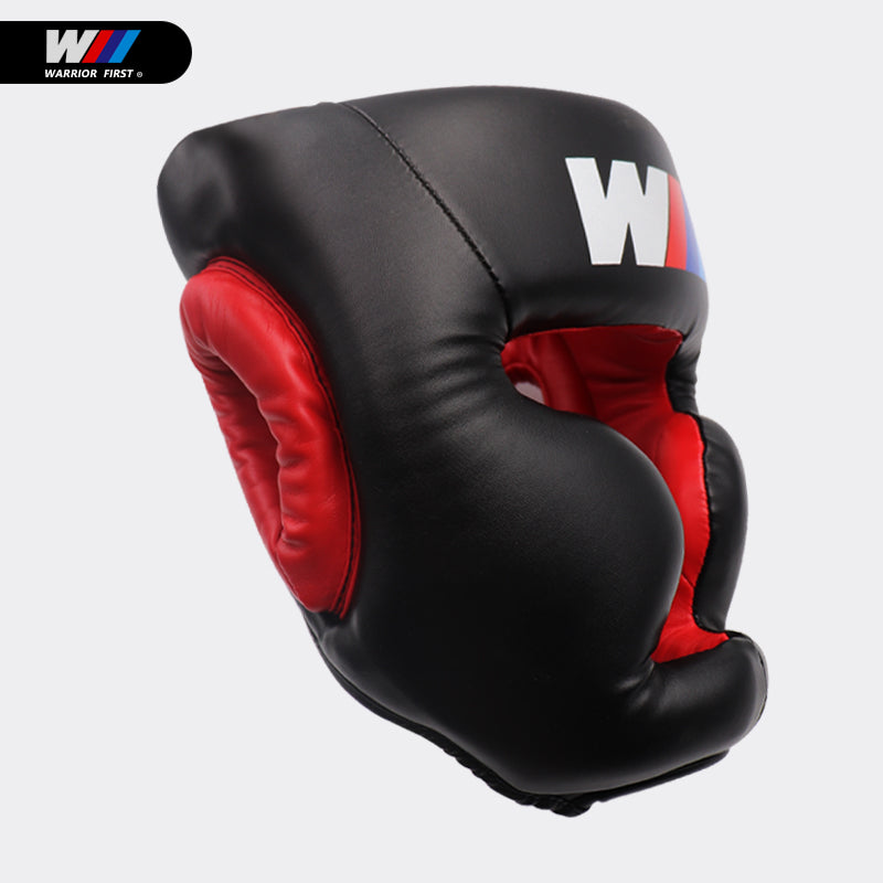 black and red boxing head guard with white background