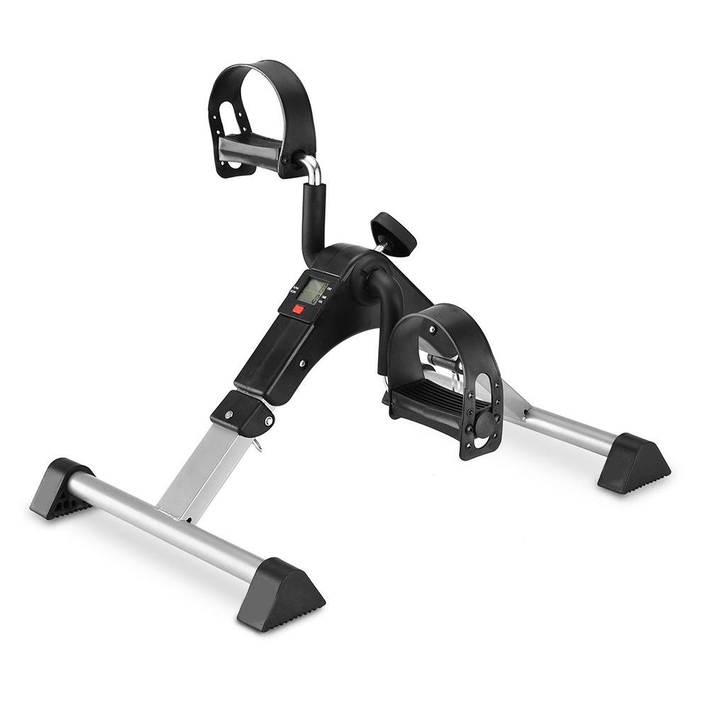 under desk exercise bike with black pedals and a white background