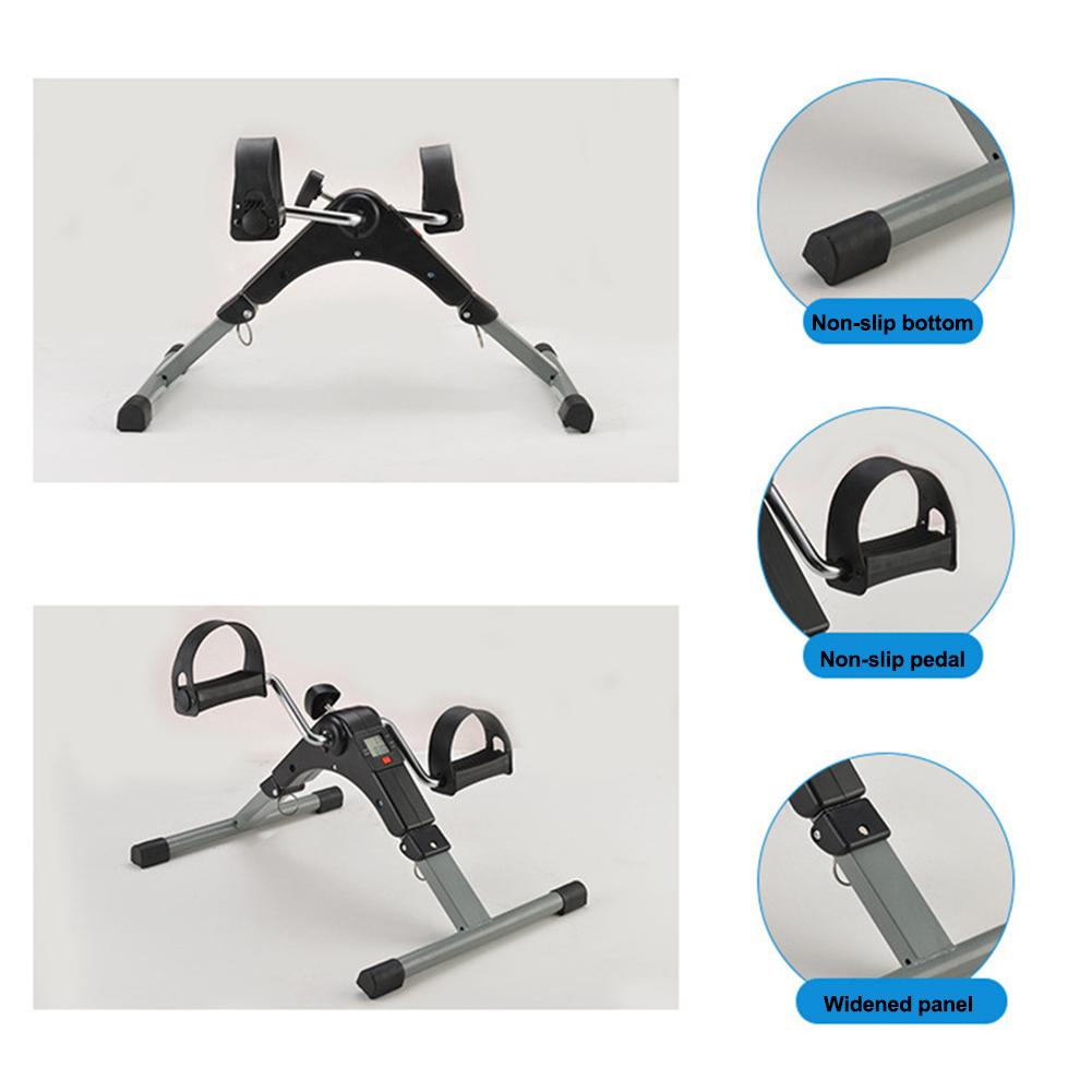 different angles of under desk exercise bike with display of features on the right side and a white background