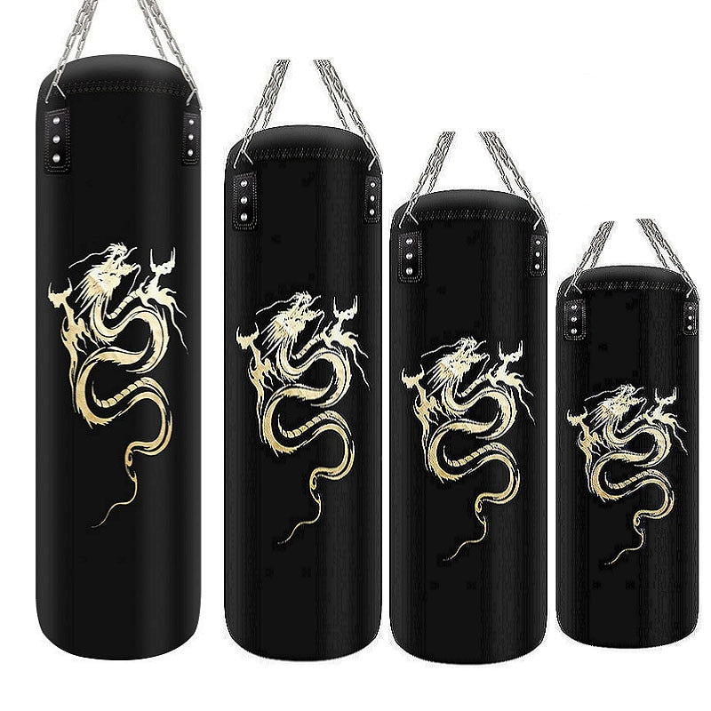 display of different sized punching bags with white background