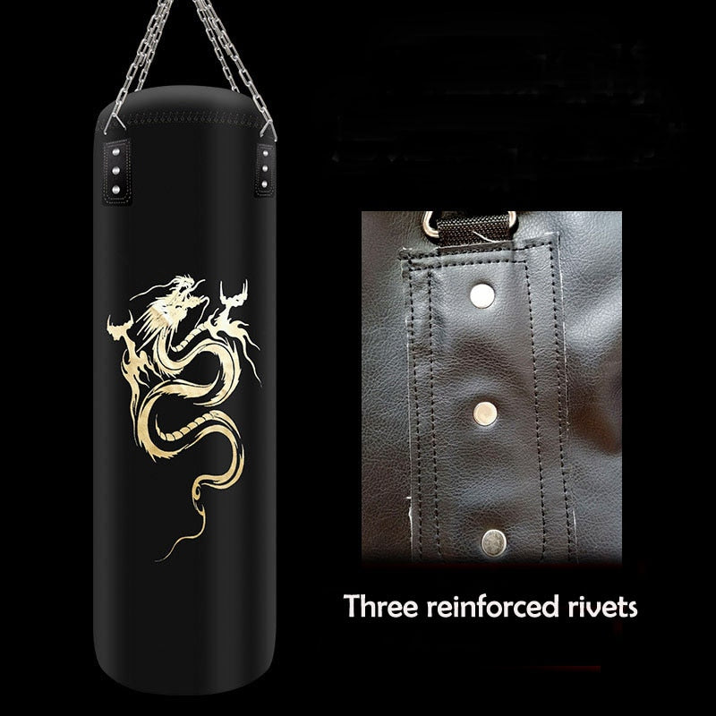 black punching bag with dragon on it with display of three reinforced rivets and black background