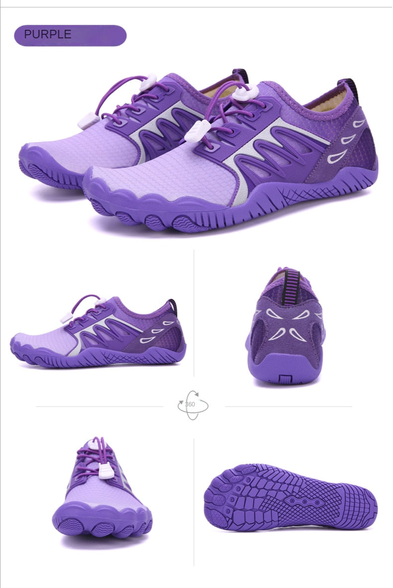 purple water shoes with white background