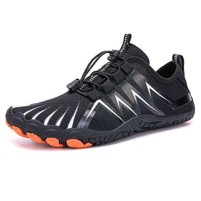 black, white, and orange water shoes with white background