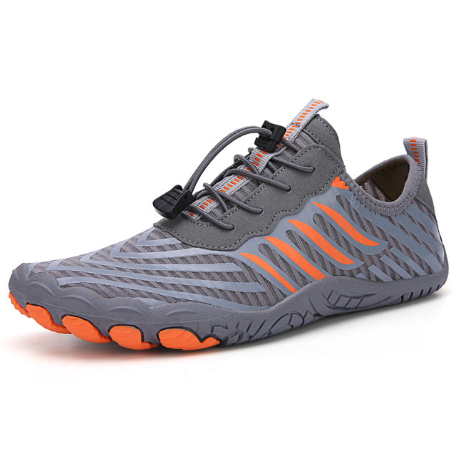 orange and gray water shoes with white background