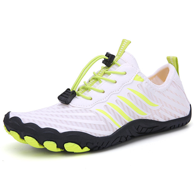 white, yellow, and white water shoes with white background