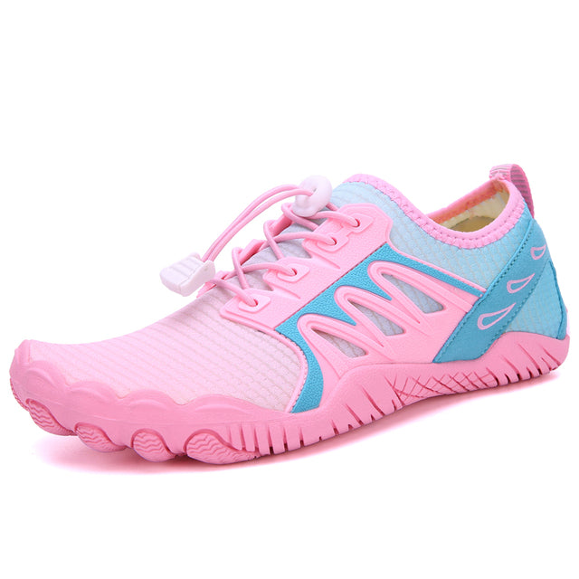 pink and blue water shoes with white background