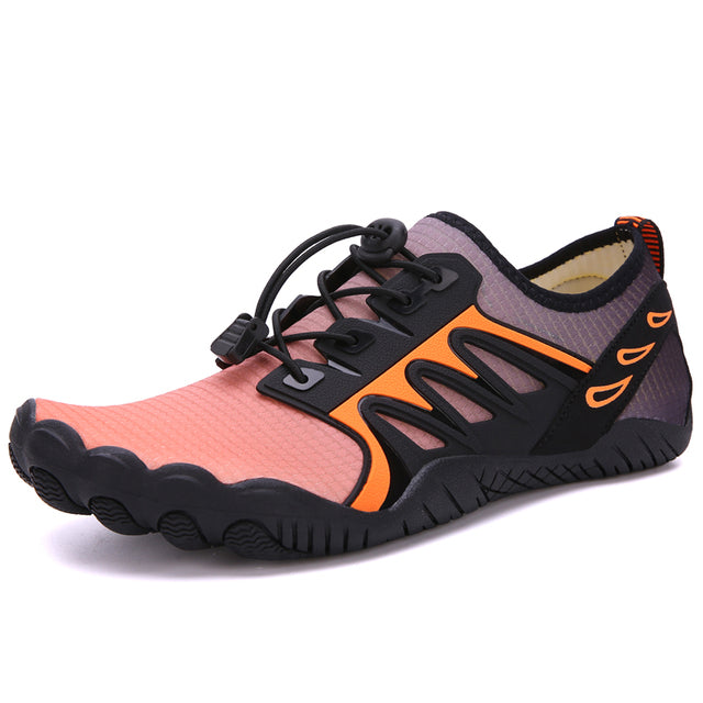 orange, light red, and black water shoes with white background