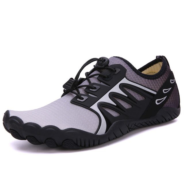 black and gray water shoes with white background