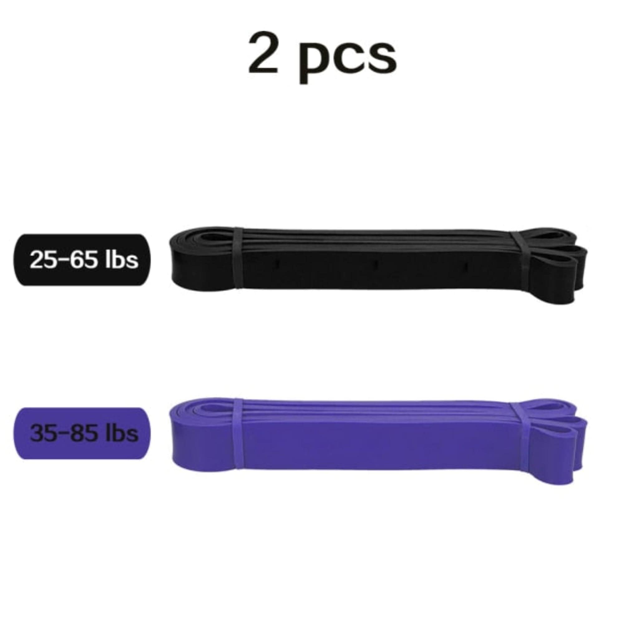 2 pcs black and purple resistance bands with weights sizes and white background