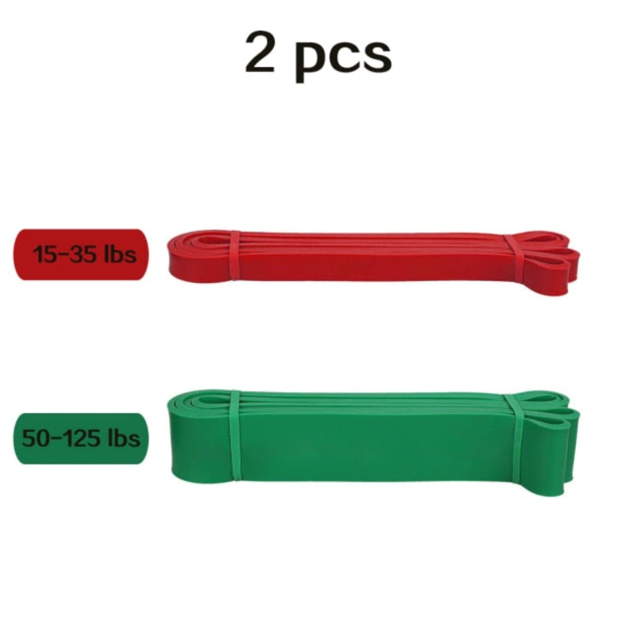 2 pcs red and green resistance bands with weights sizes and white background 