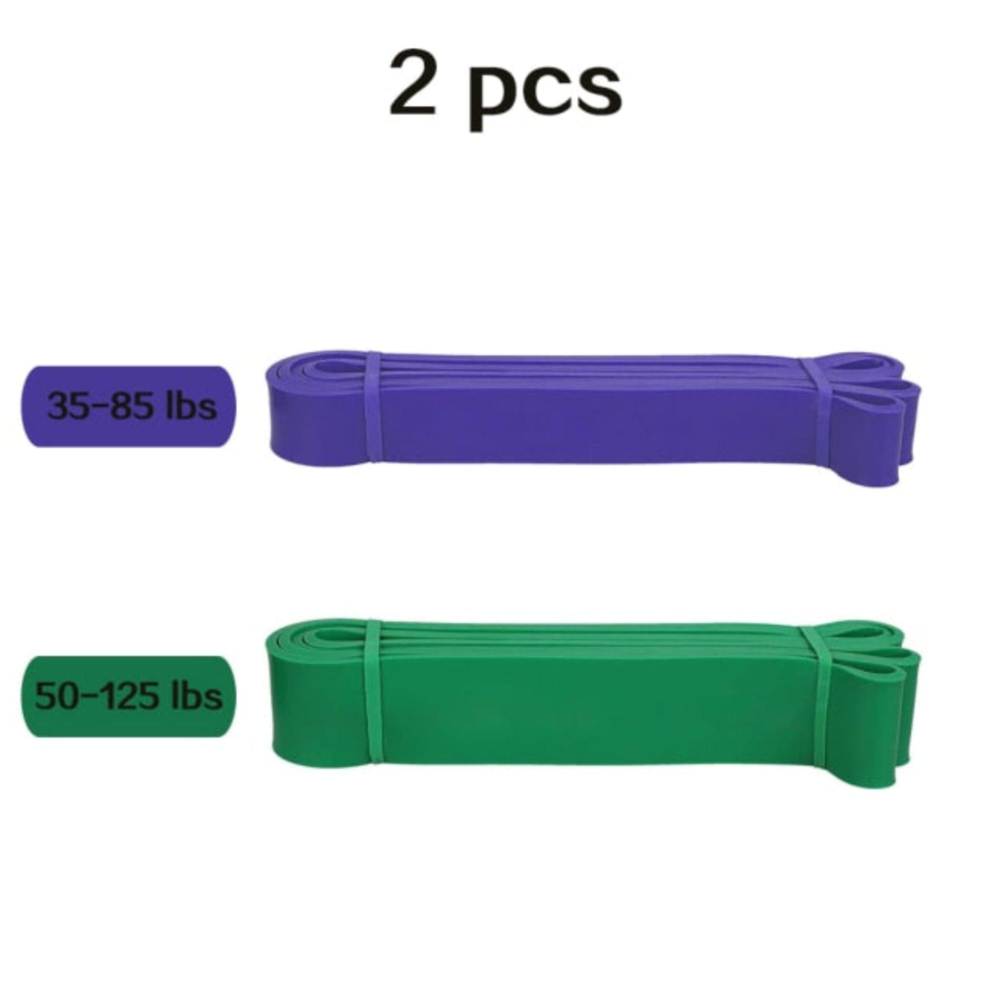 2 pcs purple and green resistance bands with weights sizes and white background