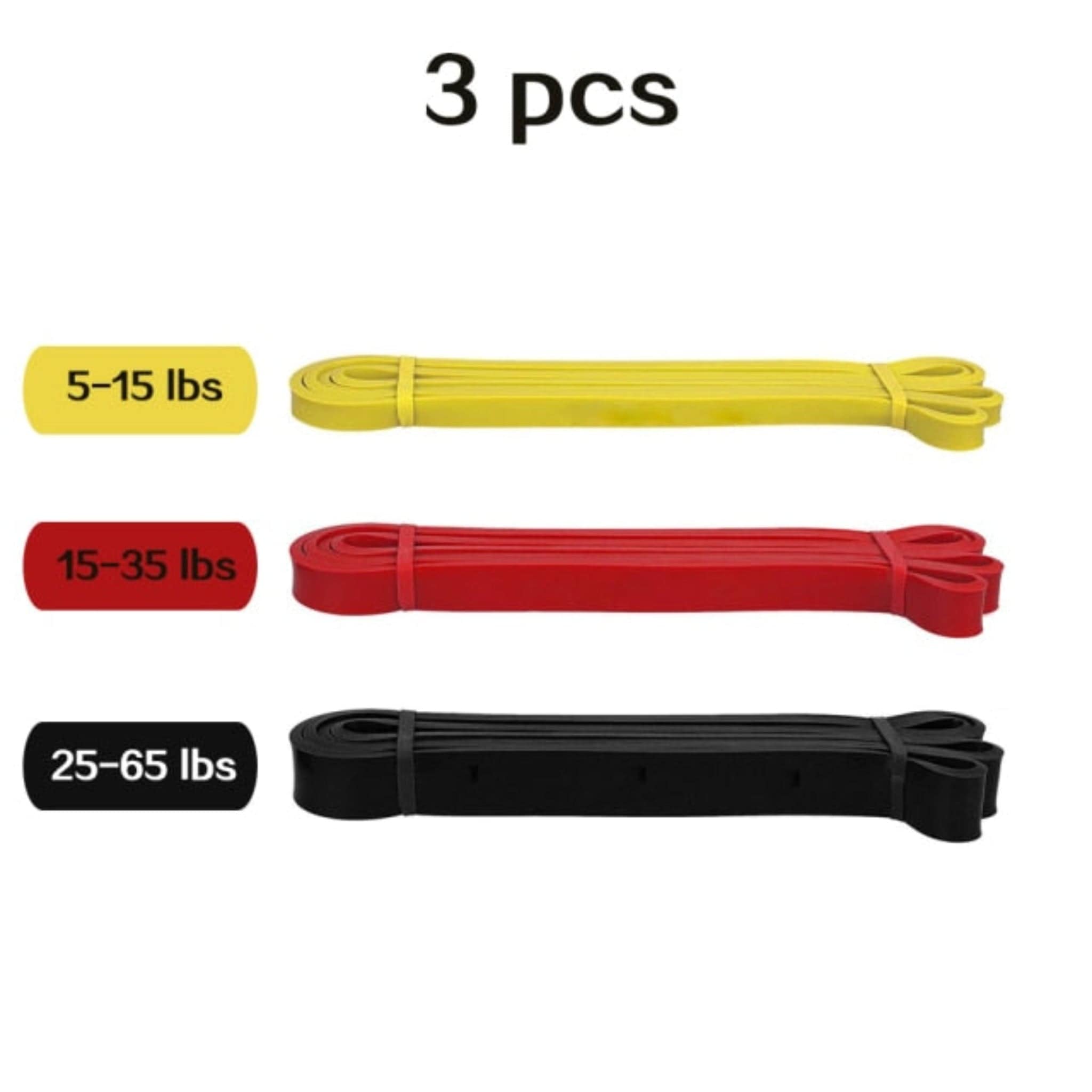 white background with black words "3 pcs" at top with black words in yellow area saying "5-15 lbs" next to yellow resistance bands then black text in red area saying "15-35 lbs" next to red resistance band then white words in black area saying "25-65 lbs" then black resistance band