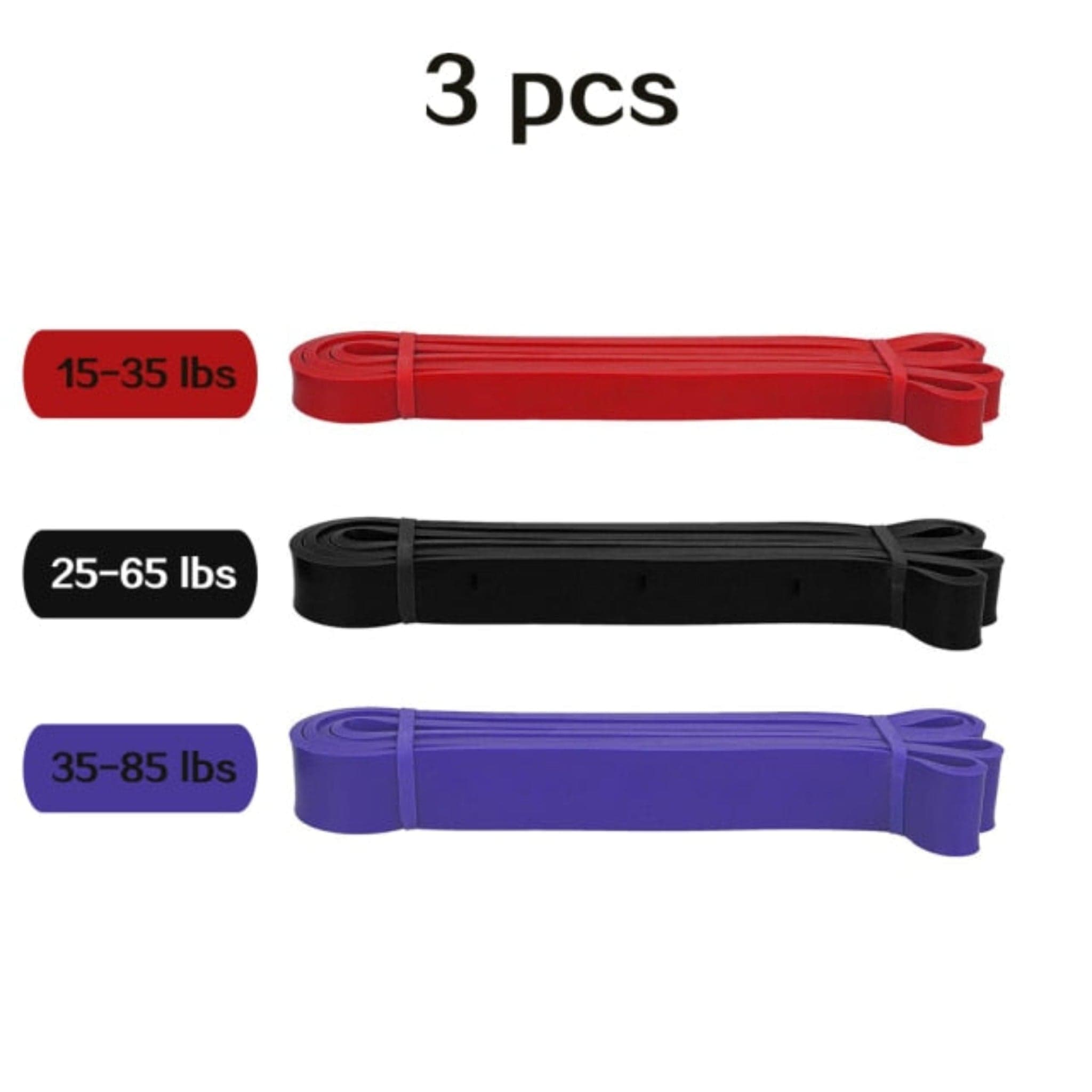 white background with black words "3 pcs" at top with black words in red area saying "5-15 lbs" next to red resistance bands then white text in black area saying "15-35 lbs" next to black resistance band then black words in purple area saying "25-65 lbs" then purple resistance band