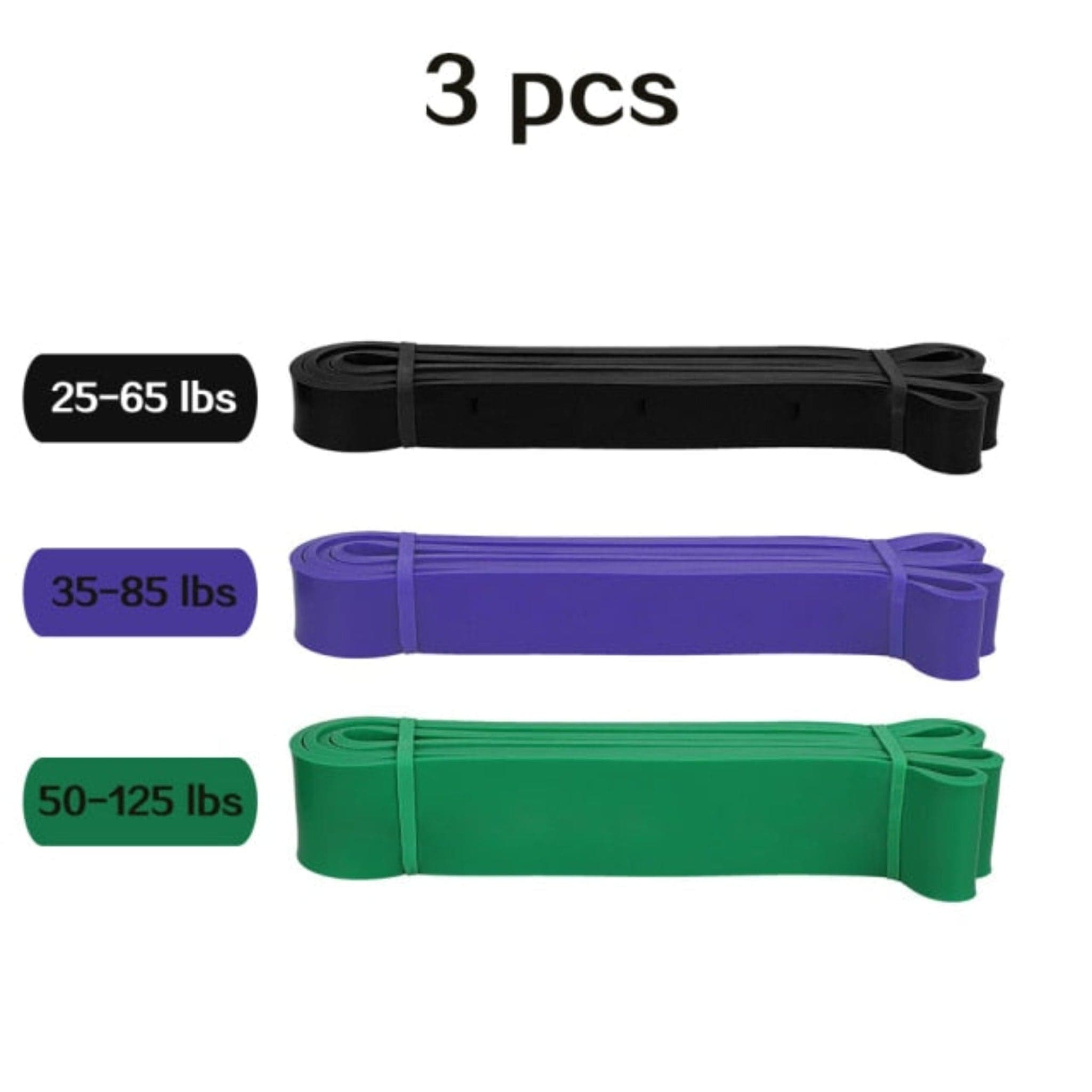 3 pcs black purple and green resistance bands with sizes and white background