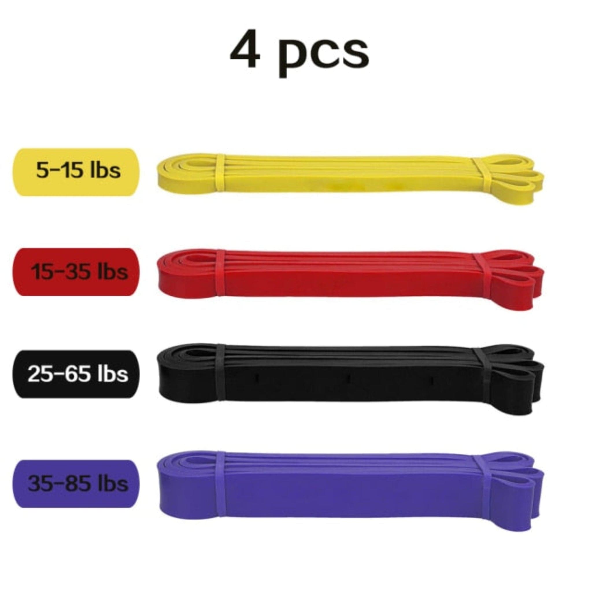 4 pcs yellow, red, black, and purple resistance bands with white background and weight sizes