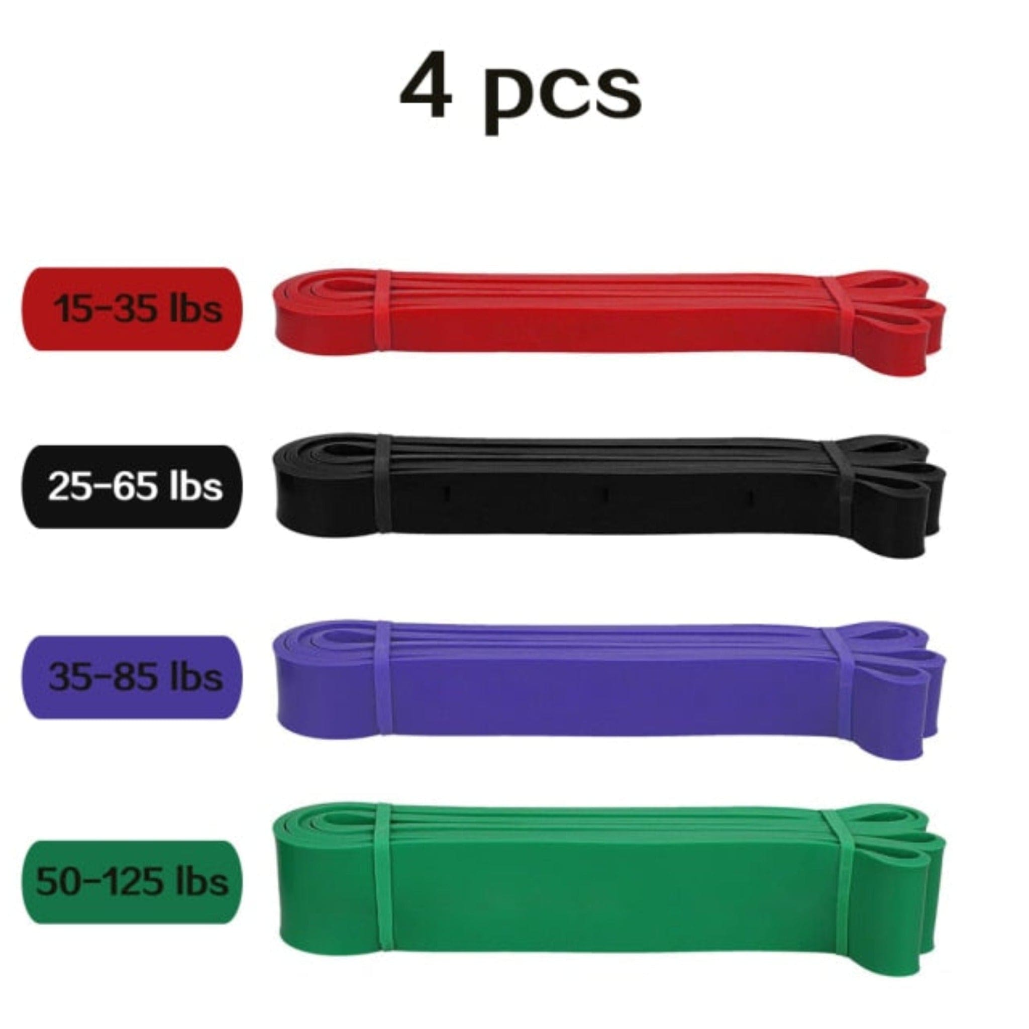 4 pcs red, black, blue, and green resistance bands with white background and weight sizes