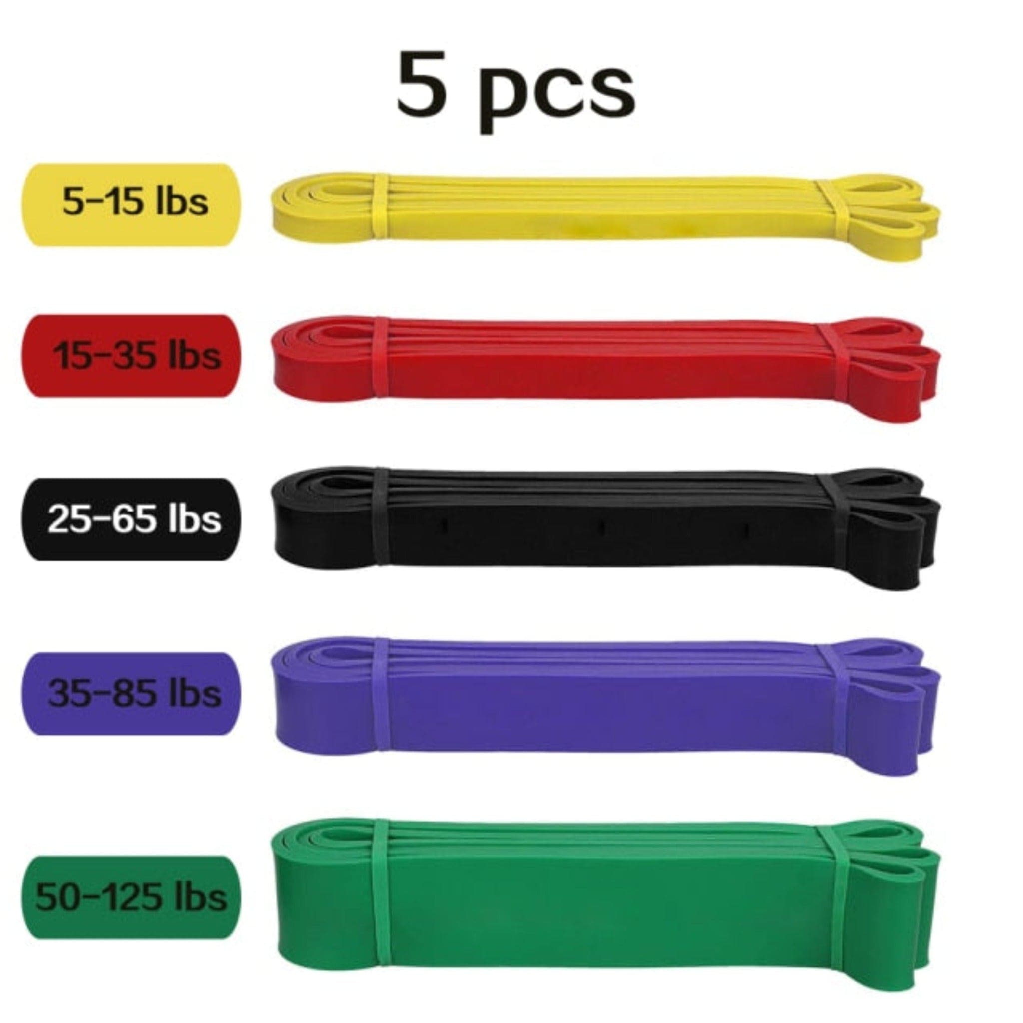 5 pcs yellow red black blue and green resistance bands with weight sizes and black background