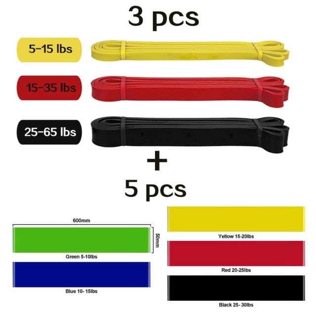 white background with black words "3 pcs" then yellow resistance bands with black words in  yellow are saying "5-15 lbs" next to yellow resistance band then black words in red are saying "15-35 lbs" next to red resistance bands then white words in black area saying "25-65 lbs" next to black resistance bands then a + sign and black words "5 pcs" with green, yellow. blue, red, and black below