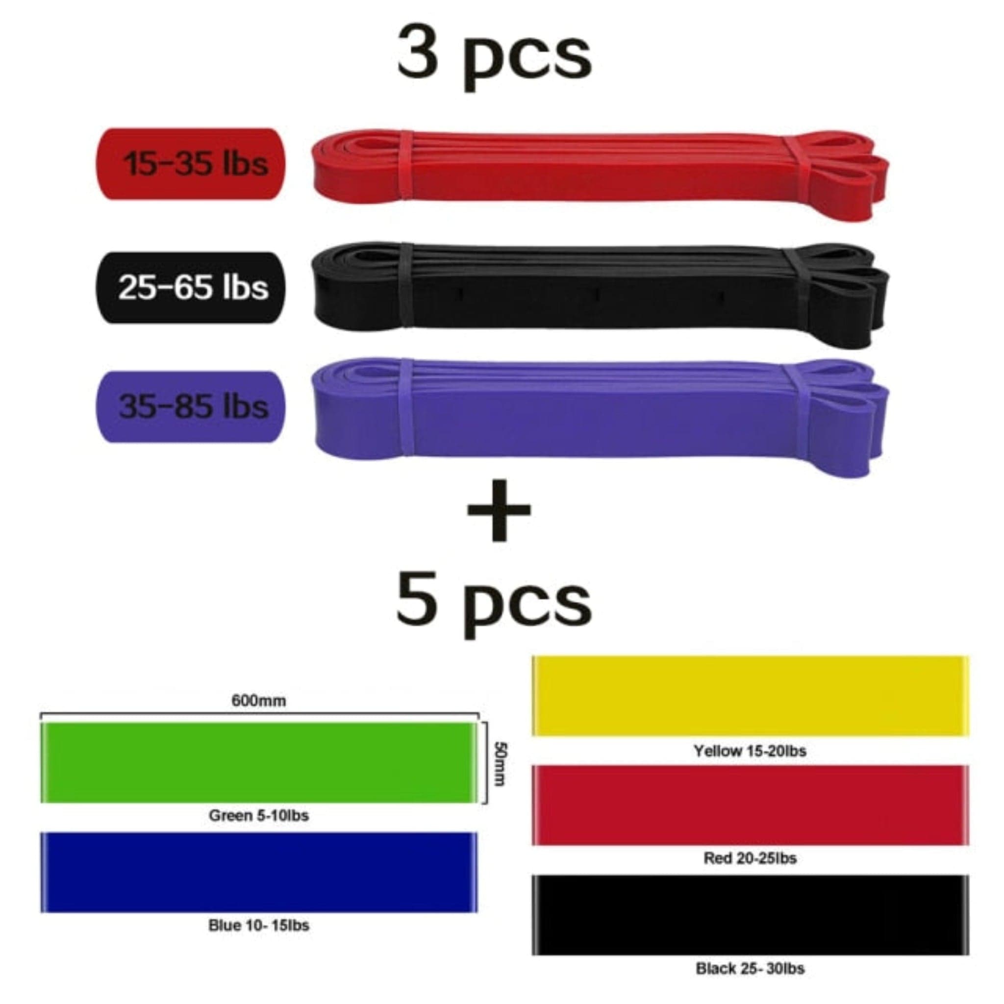 white background with black words "3 pcs" then red resistance bands with black words in red are saying "15-35 lbs" next to yellow resistance band then white words in white are saying "25-65 lbs" next to black resistance bands then black words in purple area saying "35-85 lbs" next to black resistance bands then a + sign and black words "5 pcs" with green, yellow. blue, red, and black below