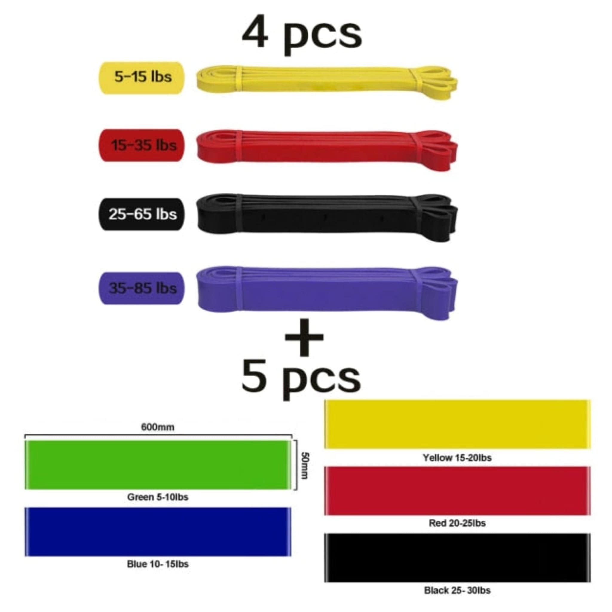 4 pcs resistance bands yellow red black and purple with weight sizes then "5 pcs" with green, blue, yellow, red, and black with weight sizes and color names