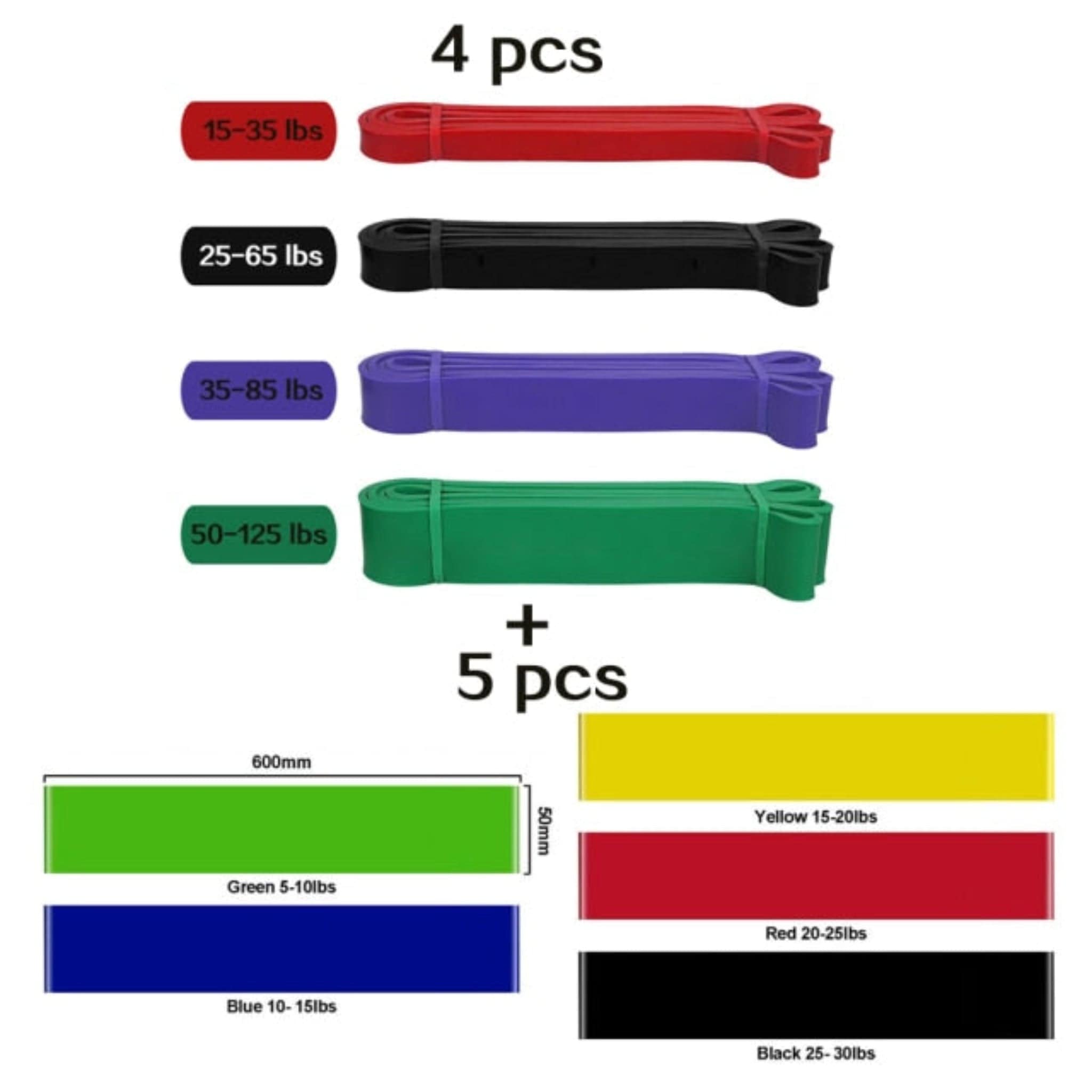 4 pcs resistance bands red black blue and green with weight sizes then "5 pcs" with green, blue, yellow, red, and black with weight sizes and color names