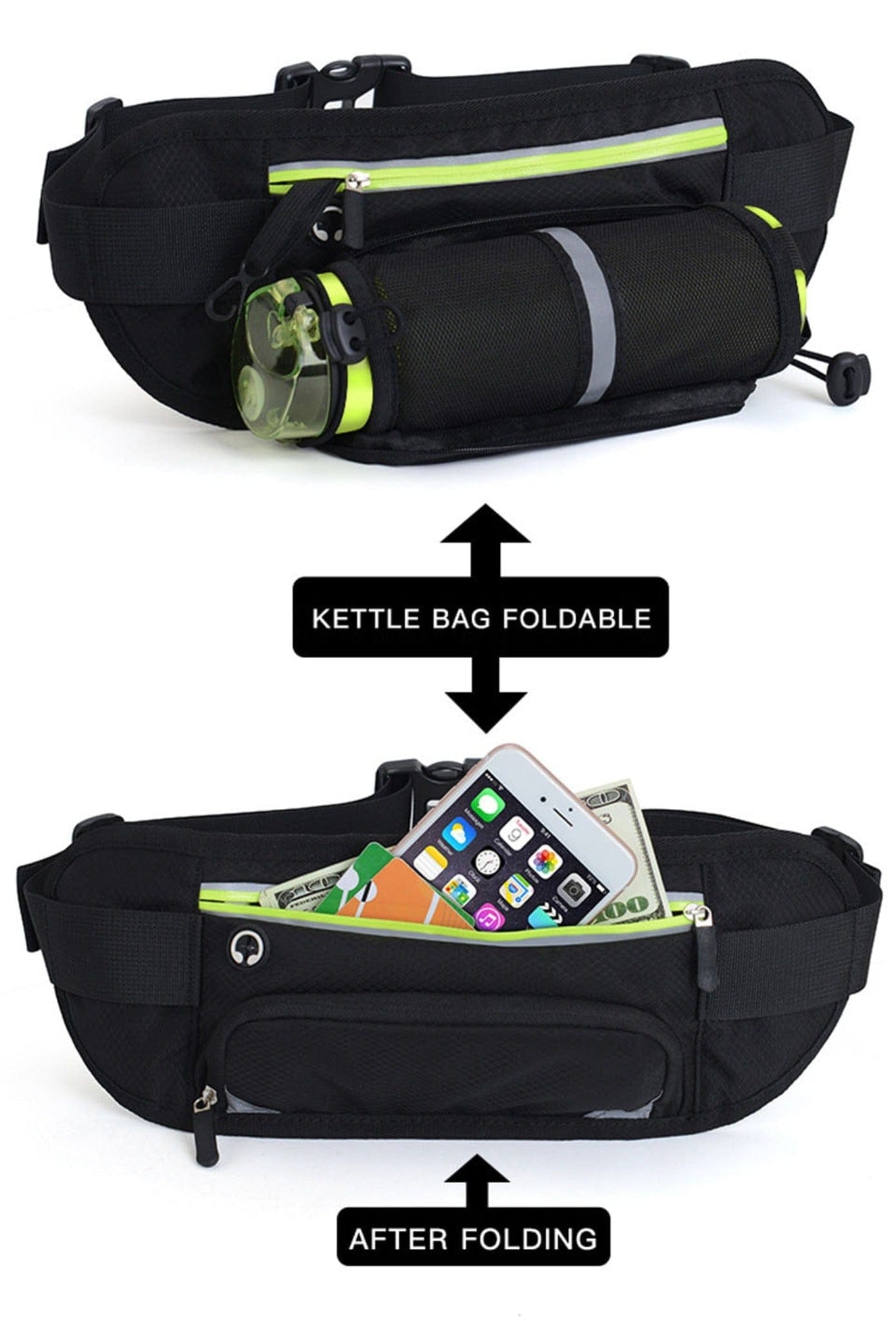 display of how waist bag is foldable with white background