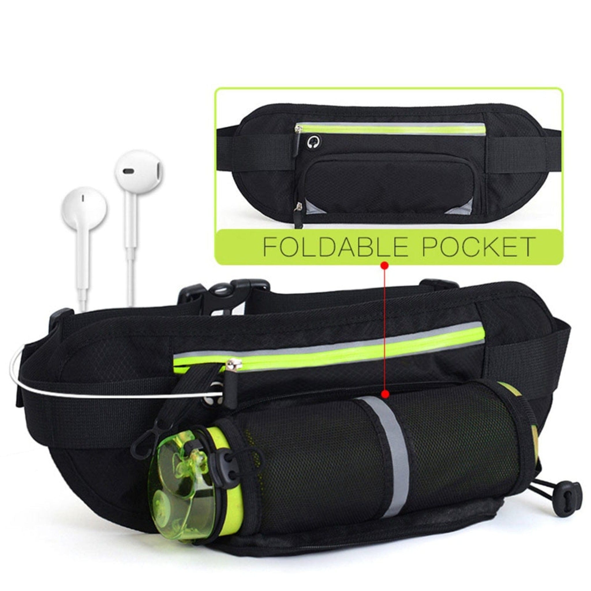 display of black and green waist bag with foldable pocket