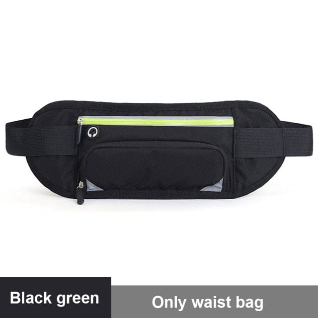 black and green waist bag with white background