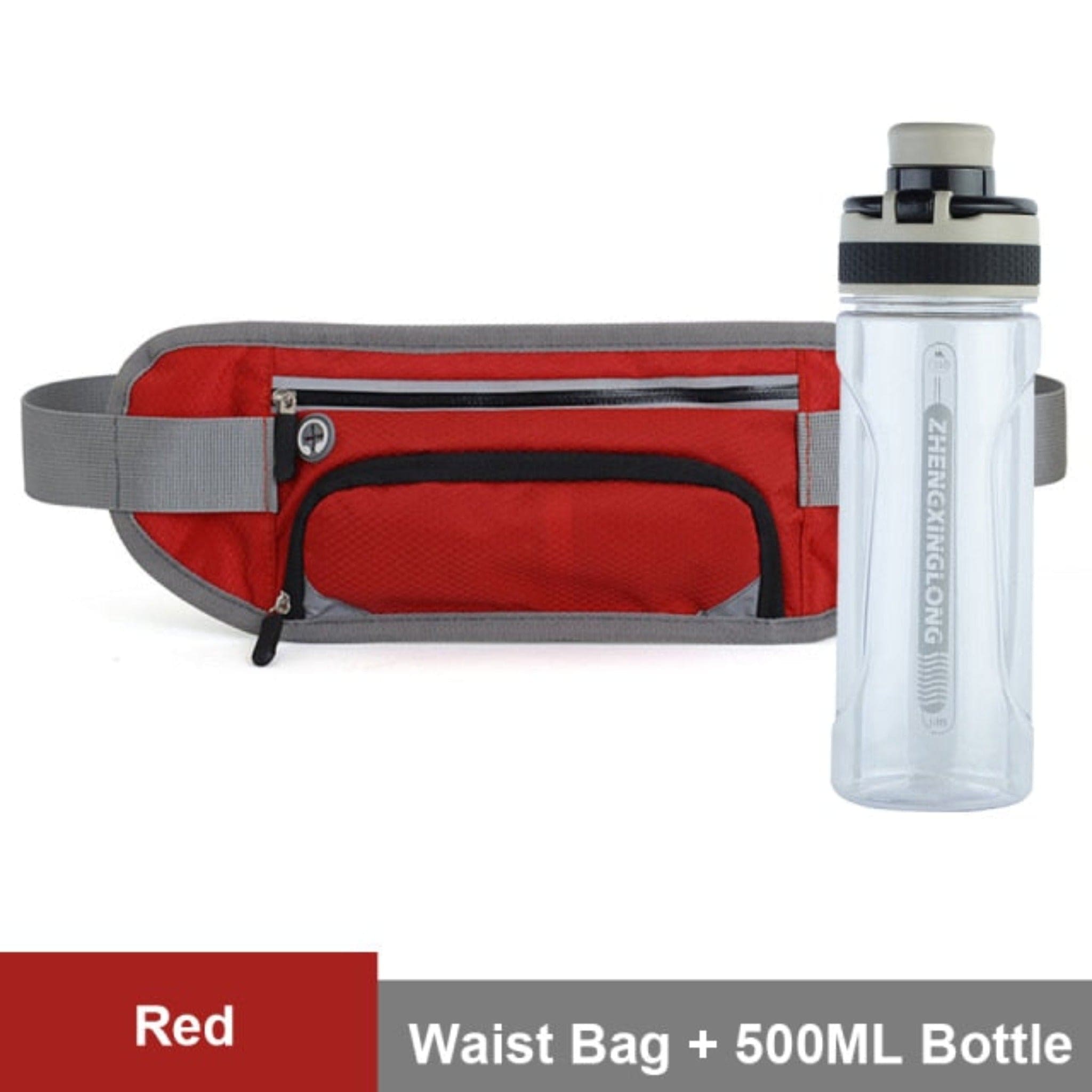 red waist bag with white background and water bottle