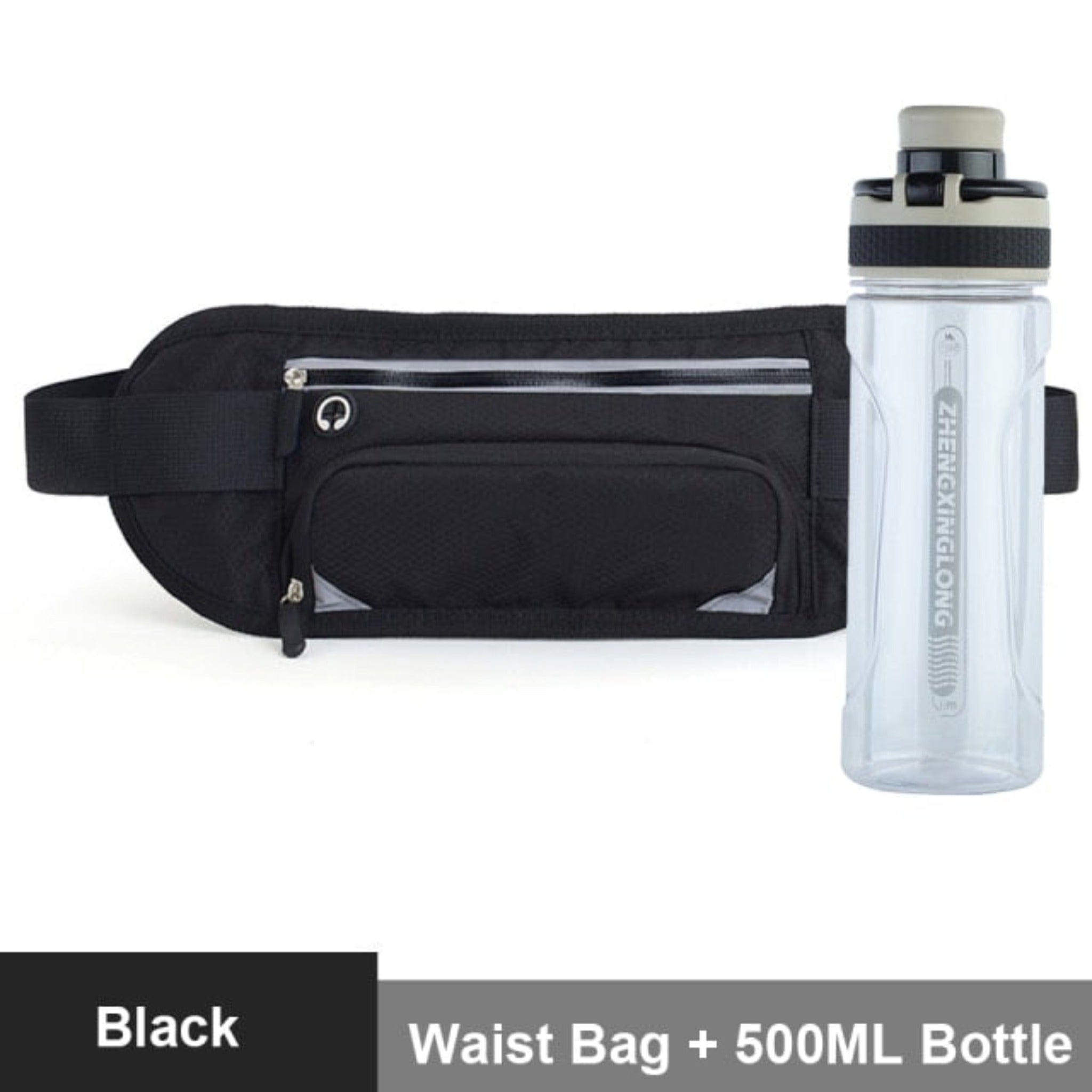 black waist bag with white background and water bottle