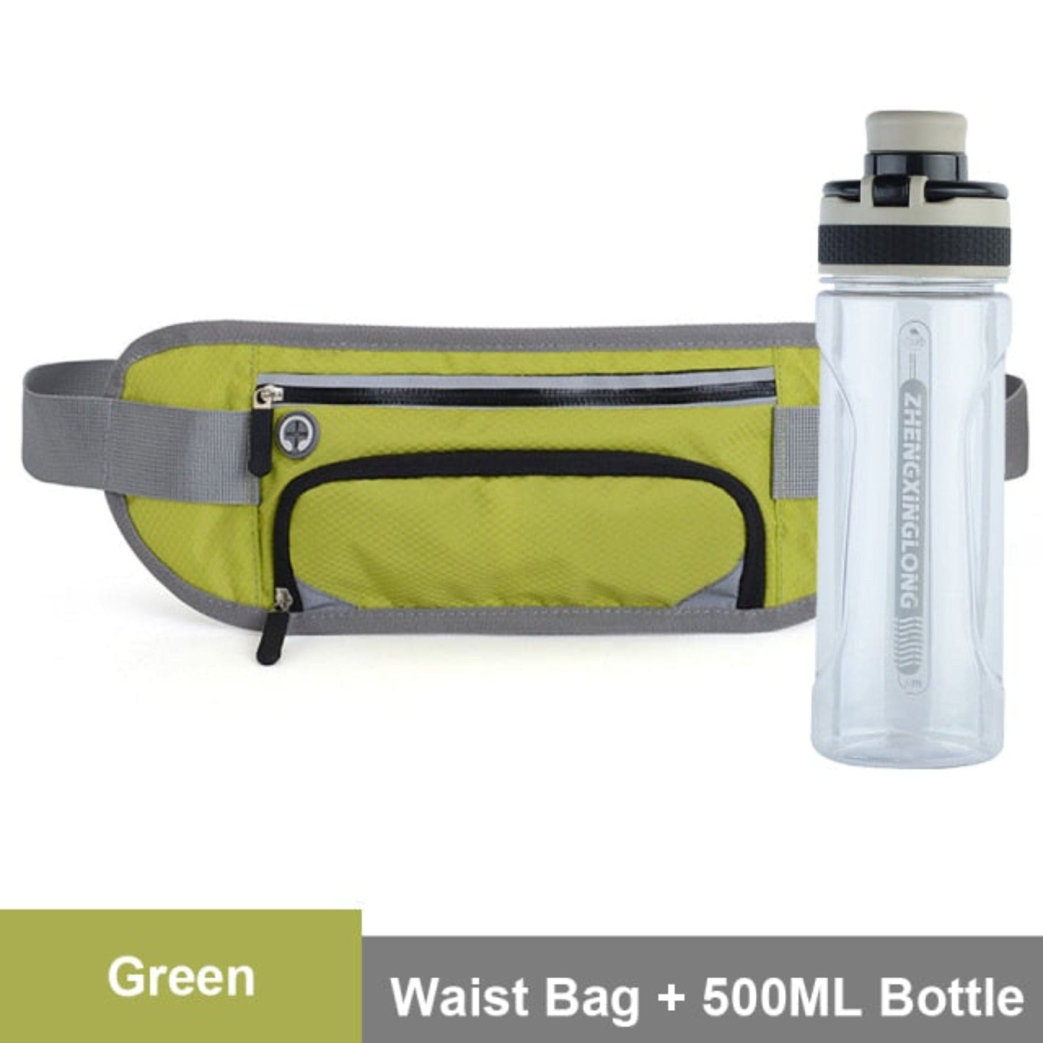 yellow waist bag with white background and water bottle