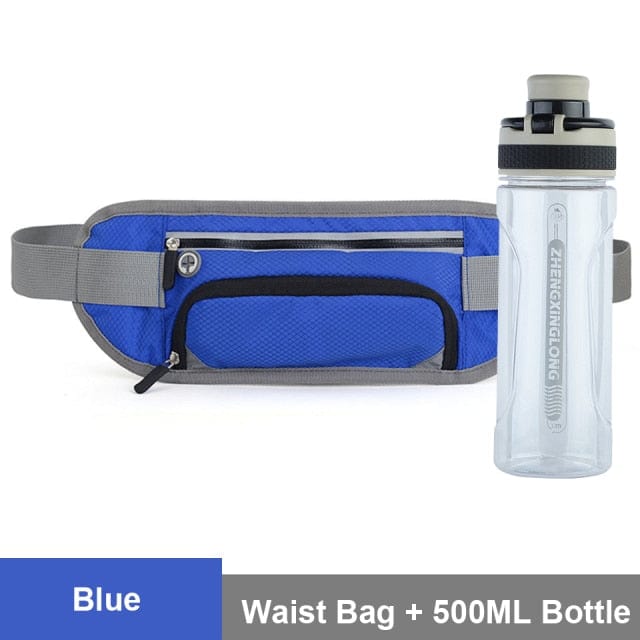 blue waist bag with white background and water bottle