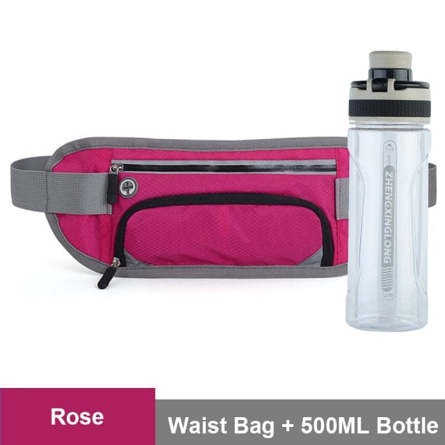 pink waist bag with white background and water bottle