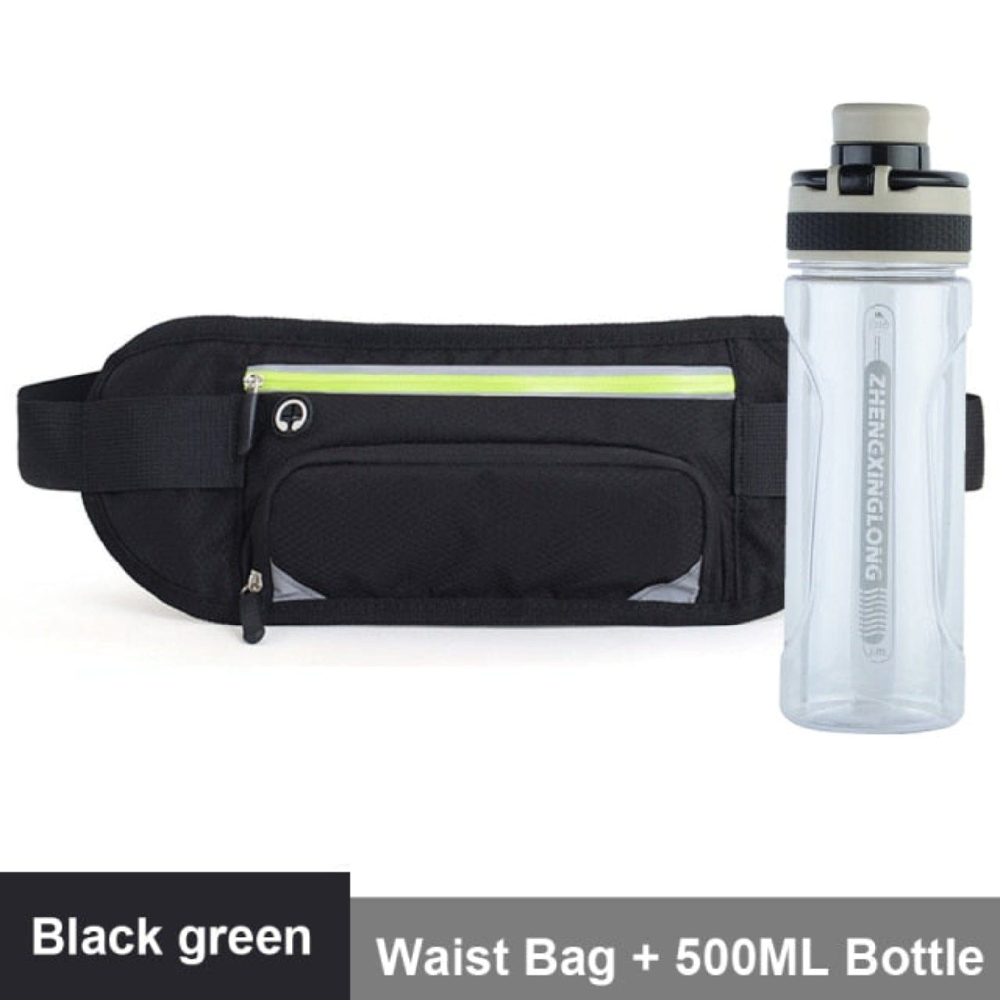 black waist bag with white background and water bottle