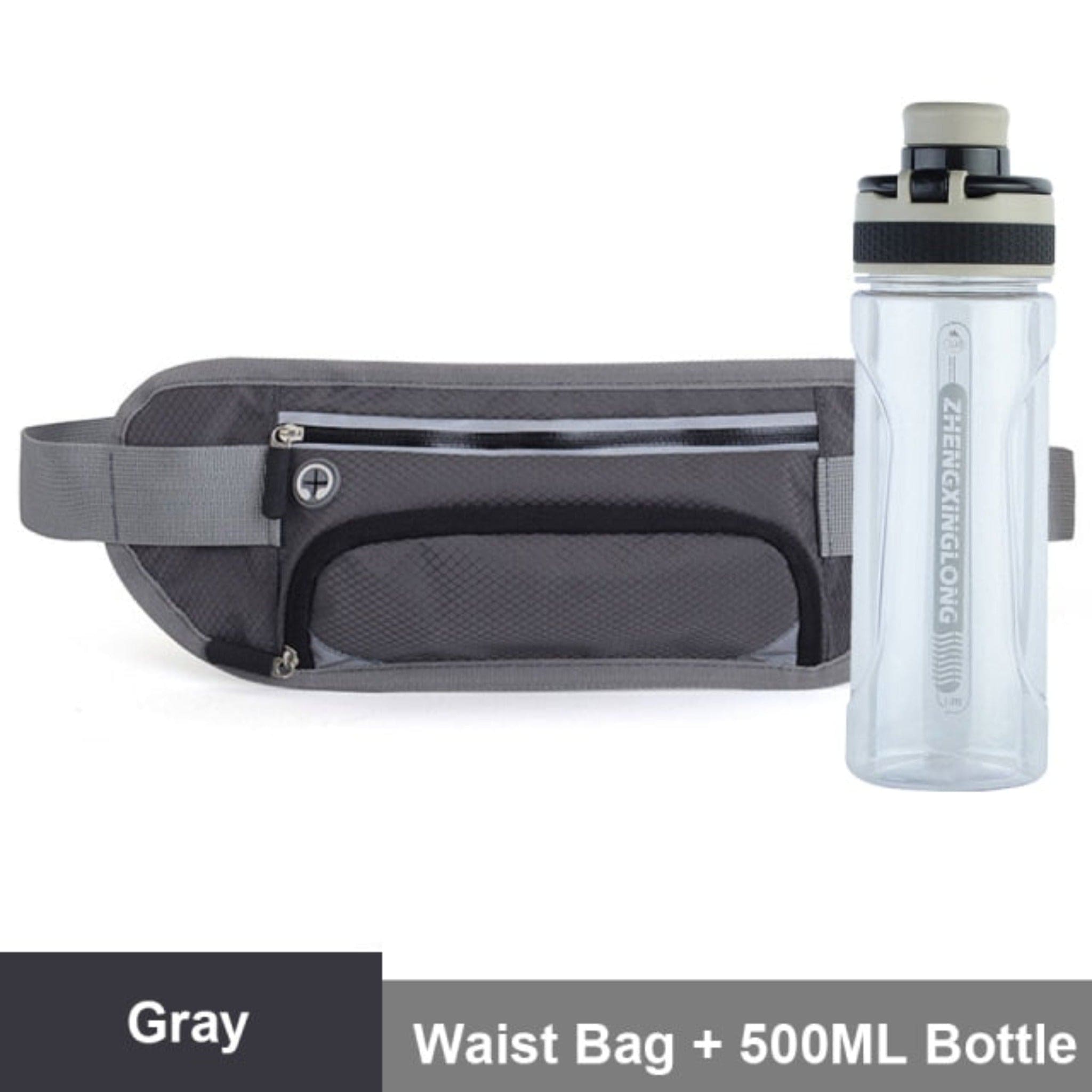 gray waist bag with white background and water bottle