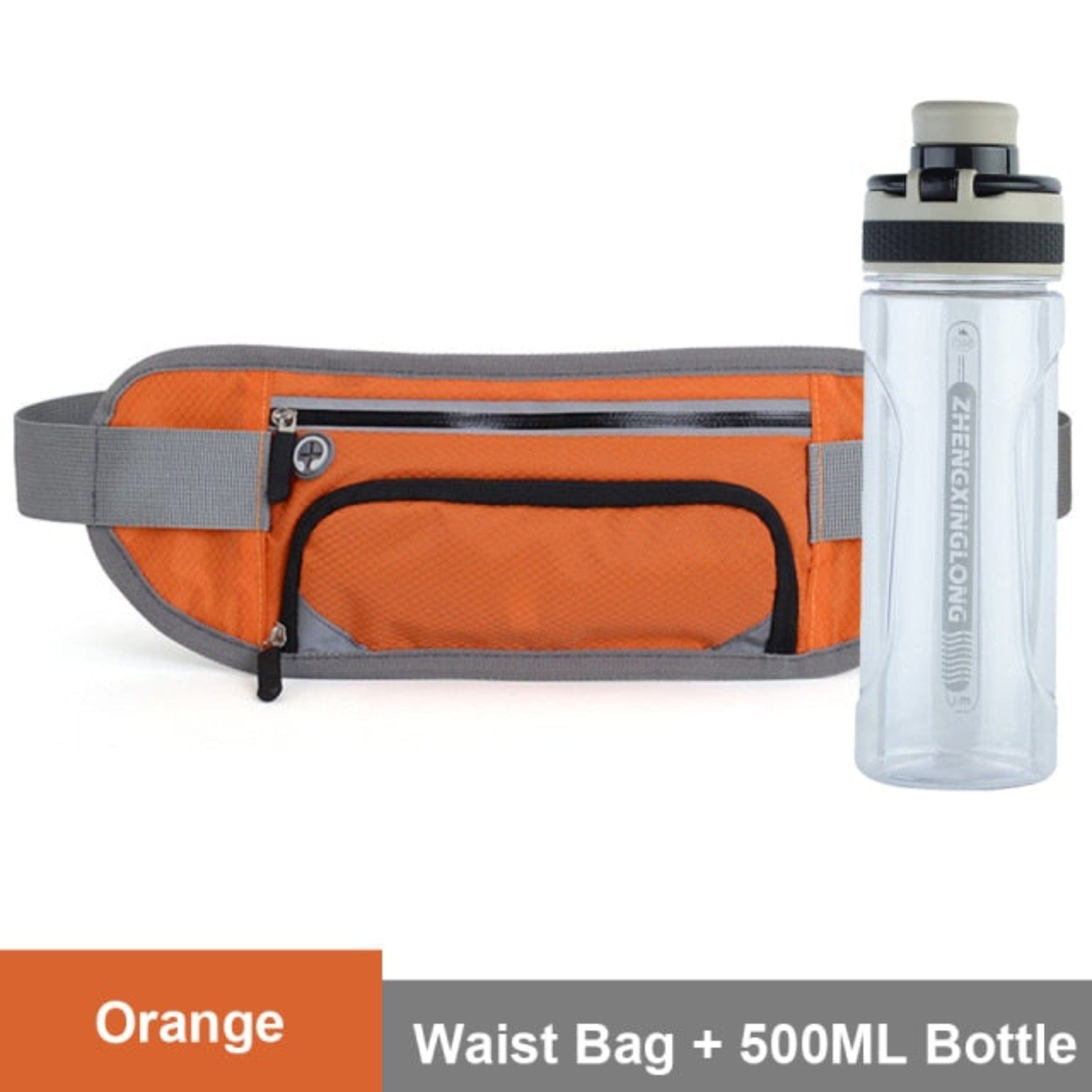 orange waist bag with white background and water bottle