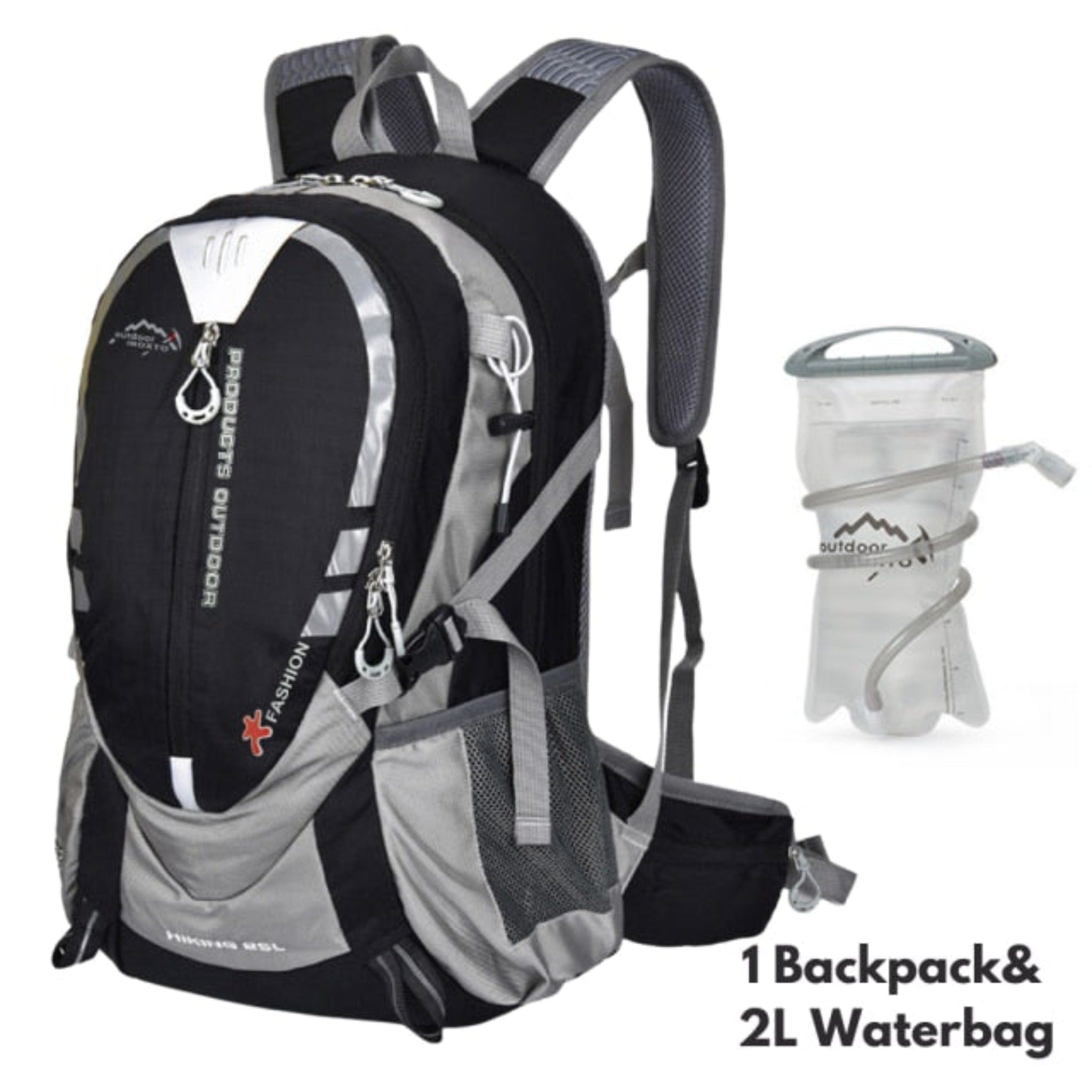 black hiking backpack and water bag