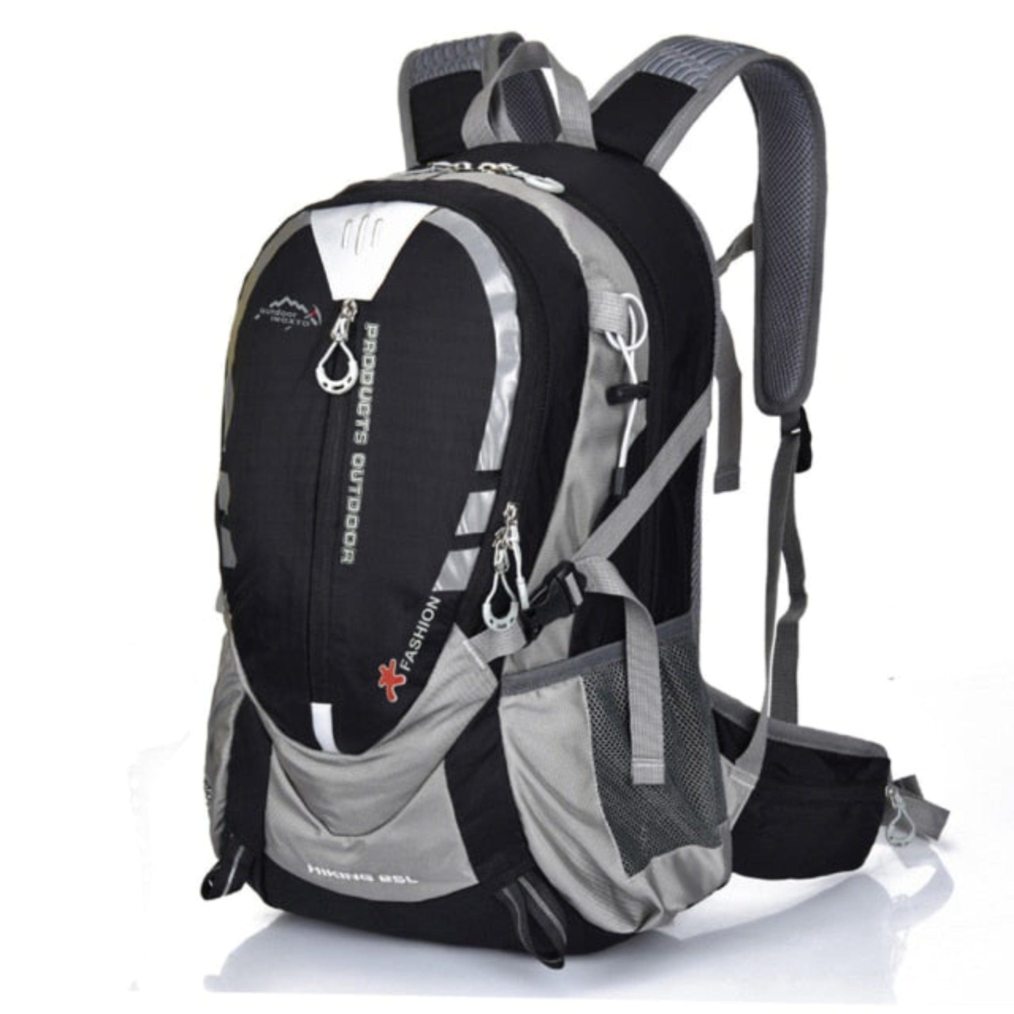 black hiking backpack with white background 