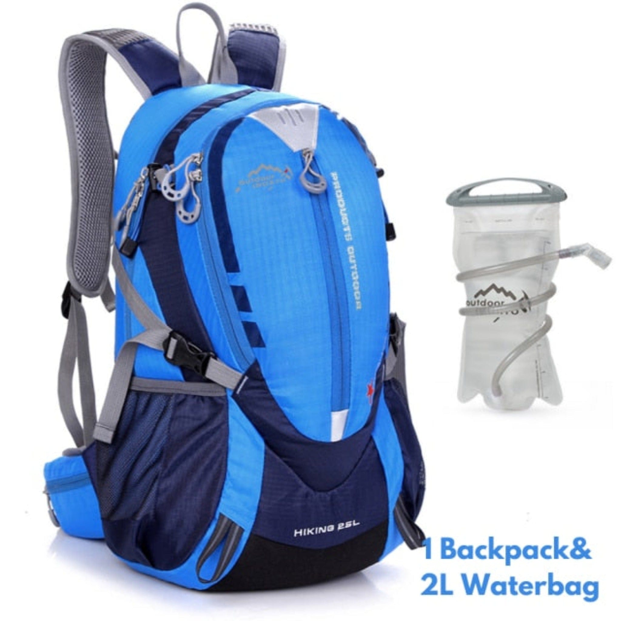 light blue backpack and water bag with white background