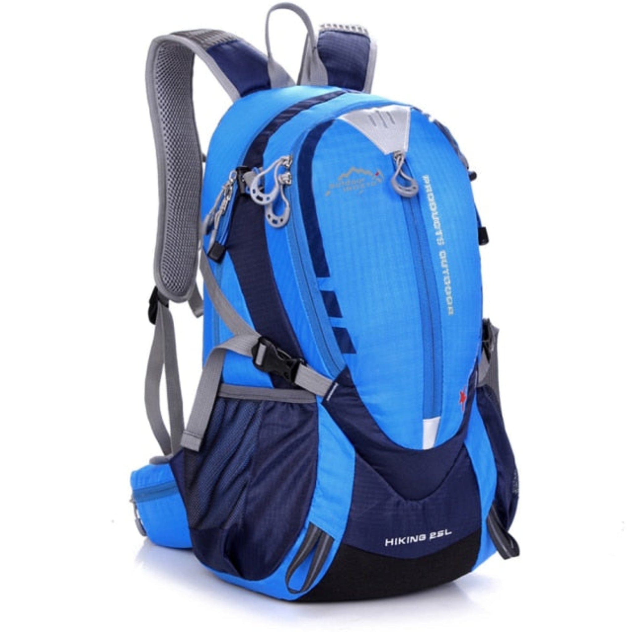 light blue backpack with white background