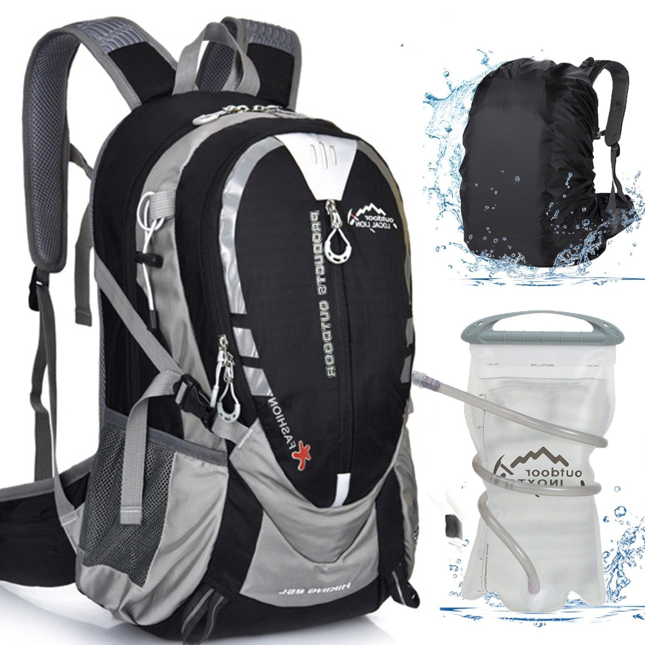 black hiking backpack with water back, waterproof cover, and white background