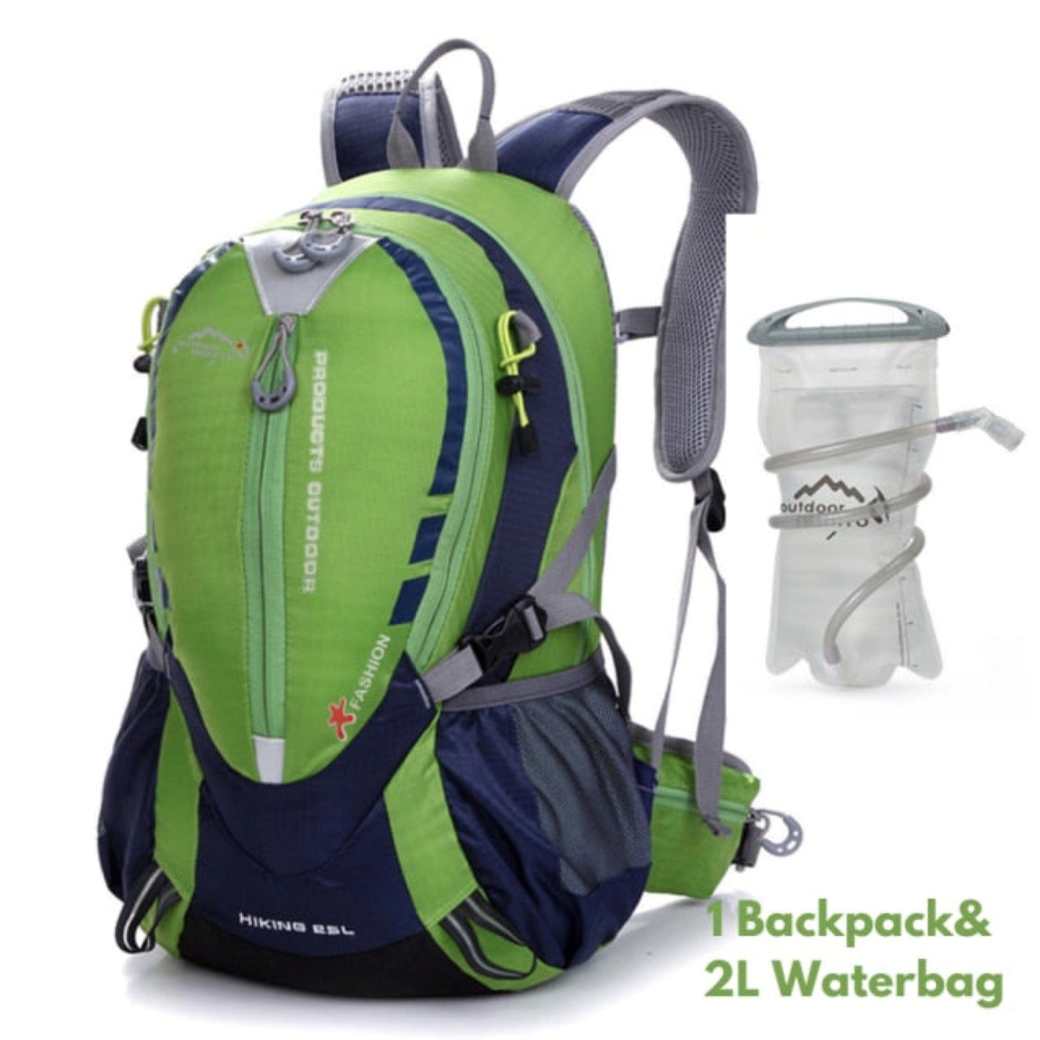 green hiking backpack with water bag and white background