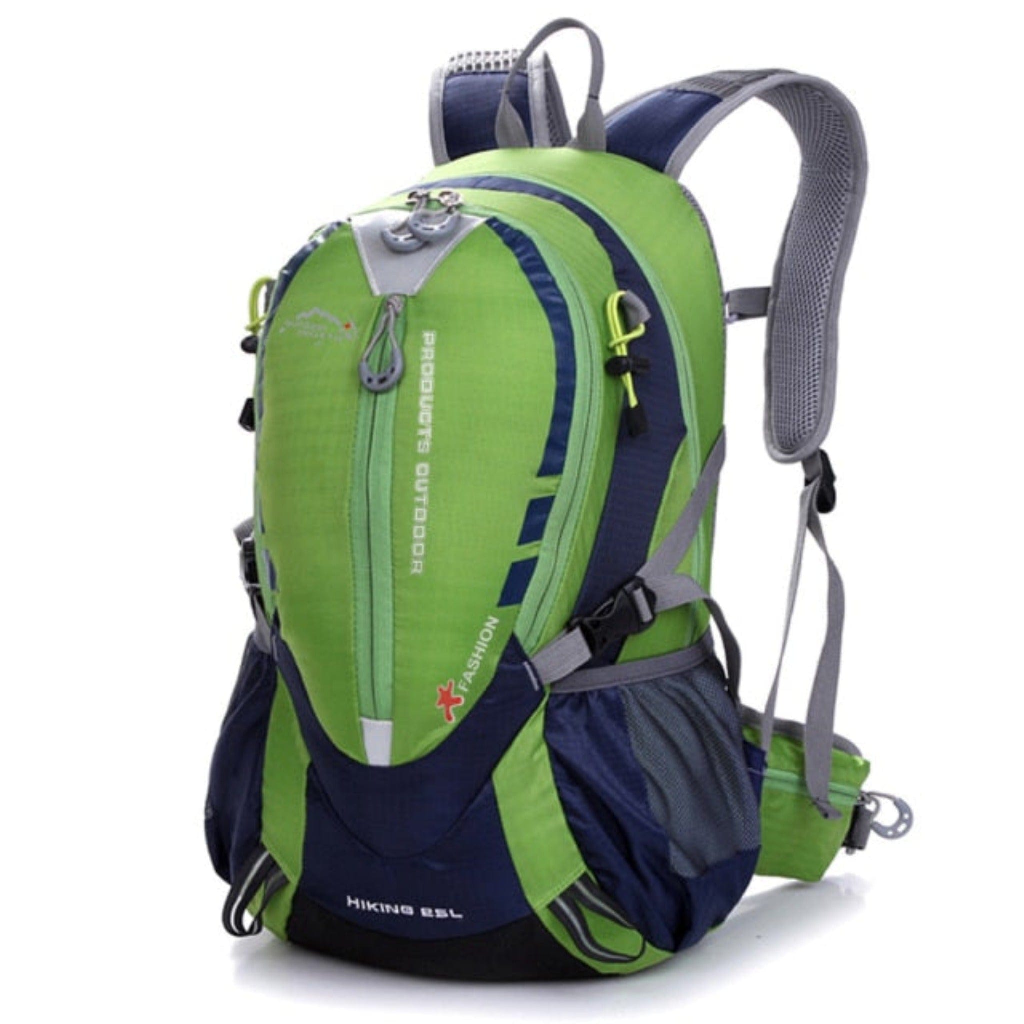 green hiking backpack with white background