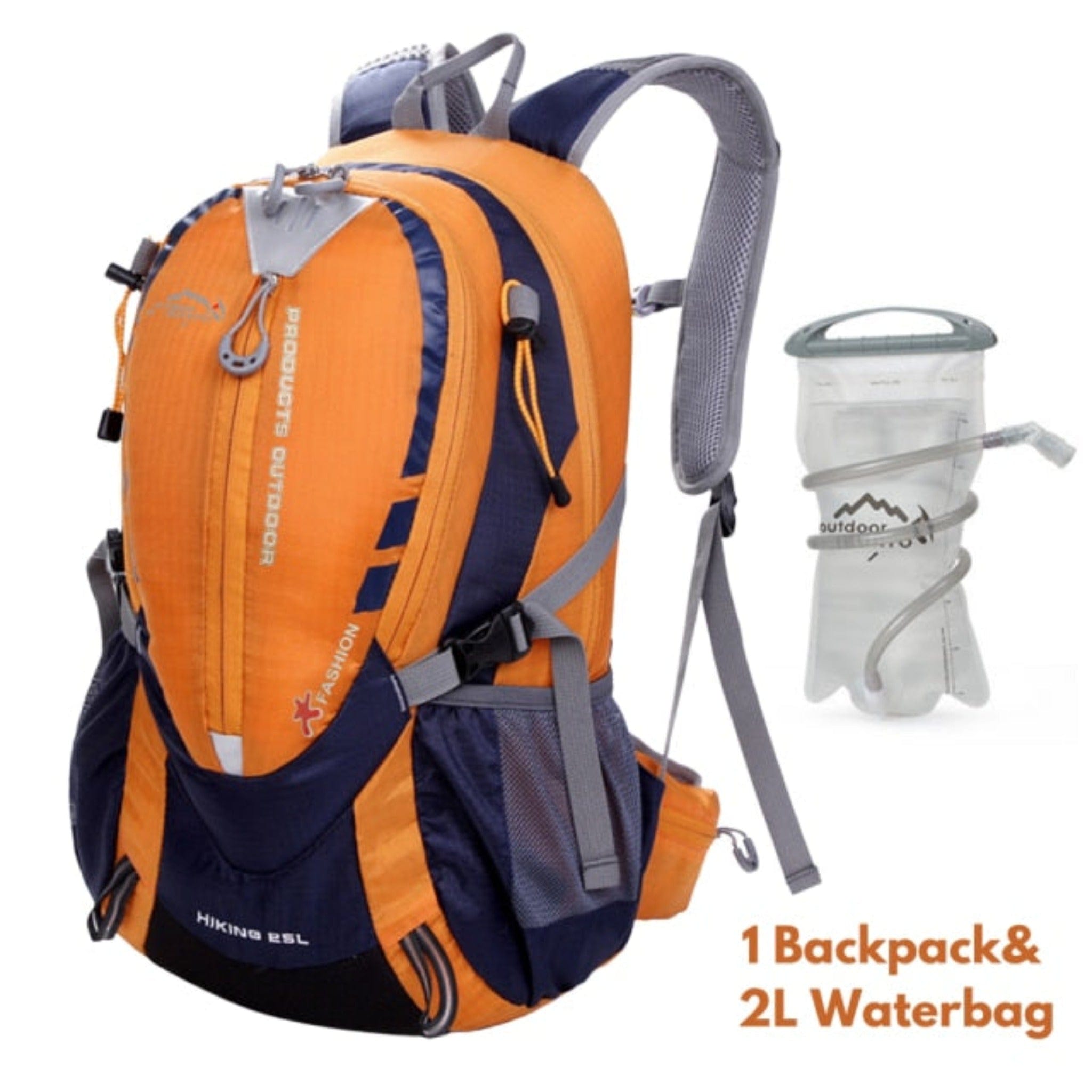 orange backpack with white background and water bag