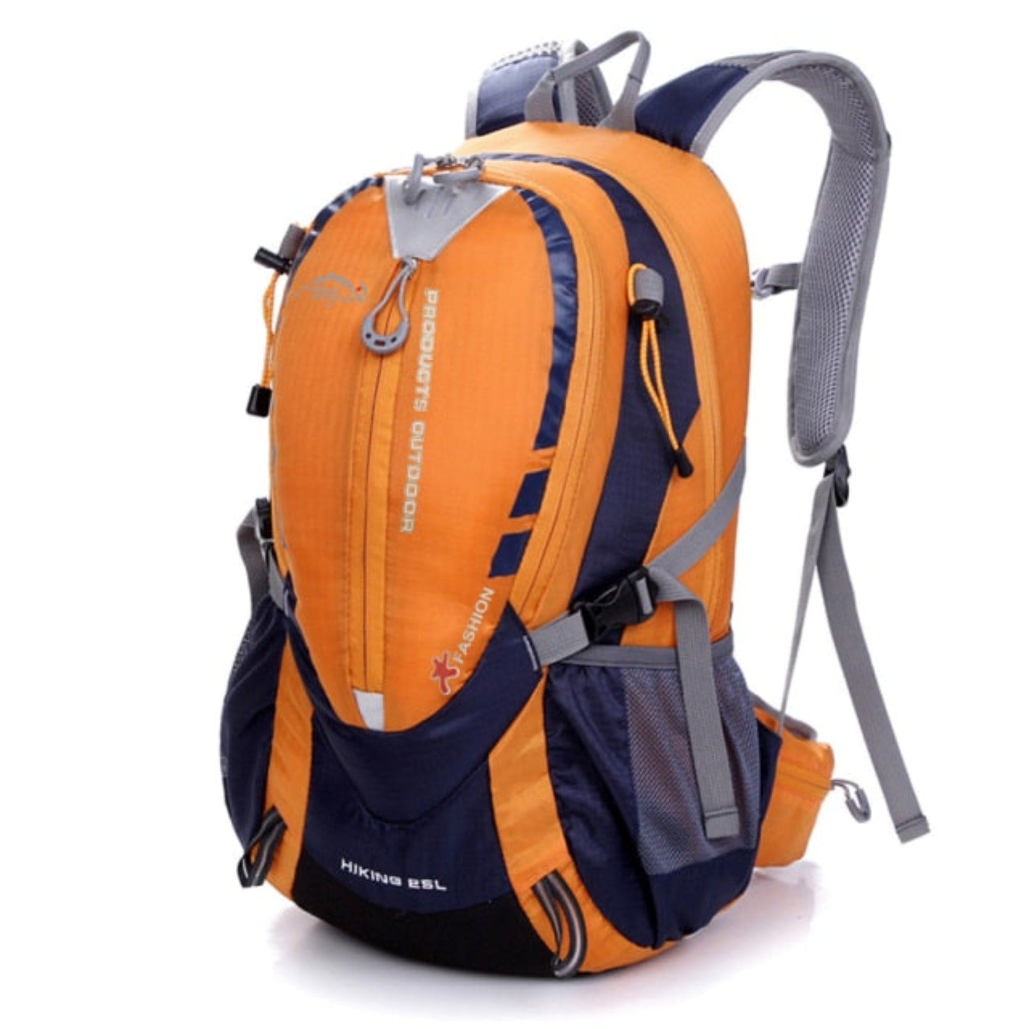 orange hiking backpack with white background