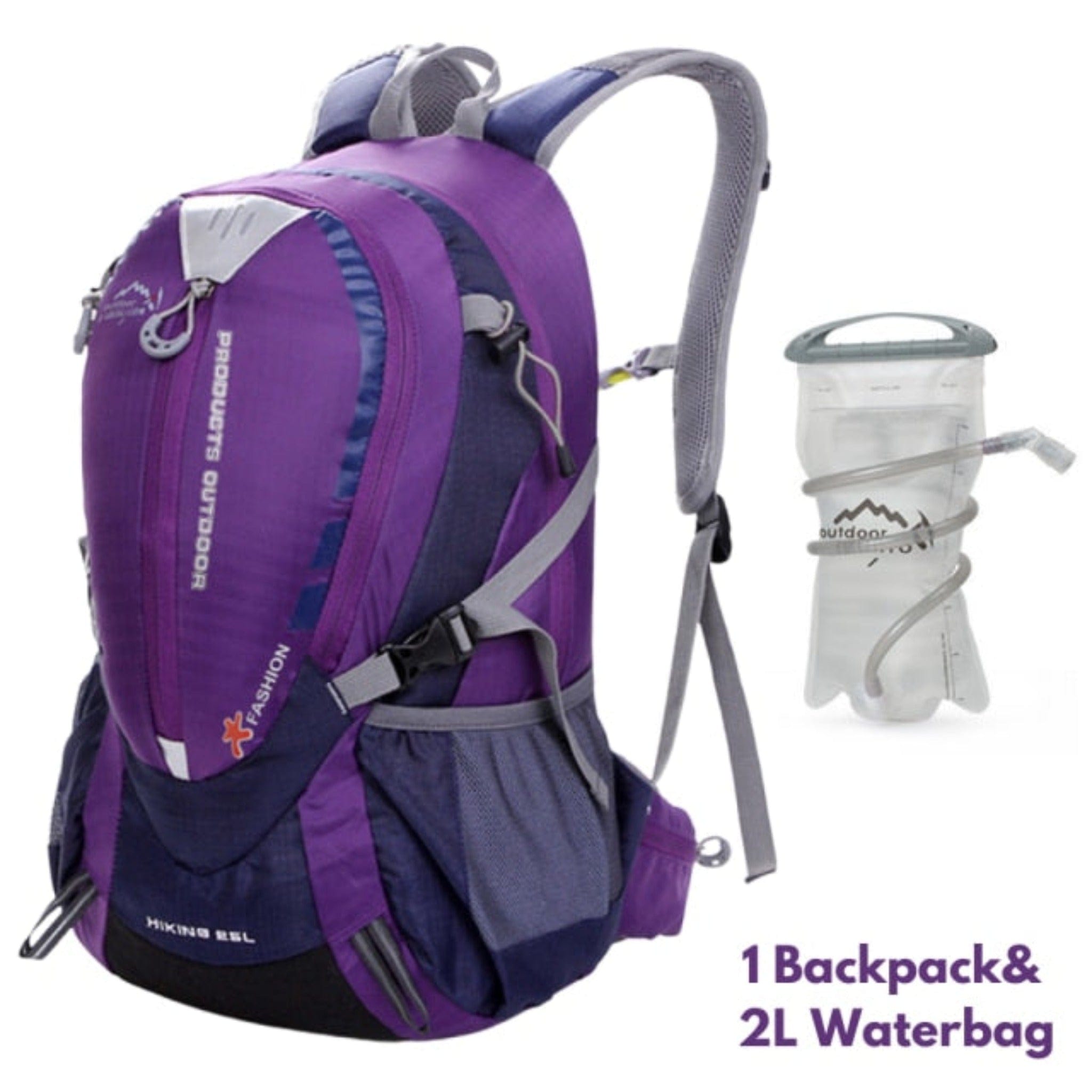 purple hiking backpack with water bag and white background